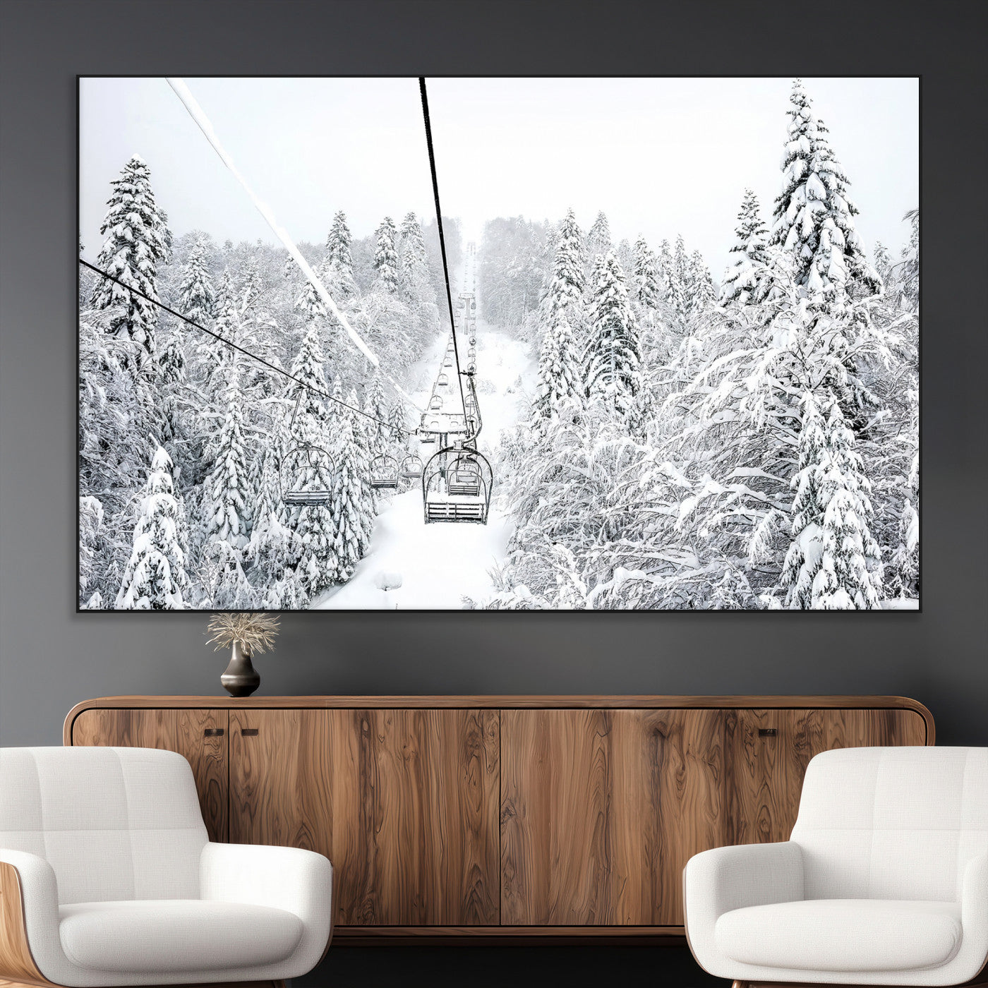 SEG-FC-51X34_Oversize - Snowy Mountains Wall Art Canvas Print, Framed Ski Lift Art Picture Print, Winter Forest Perfect