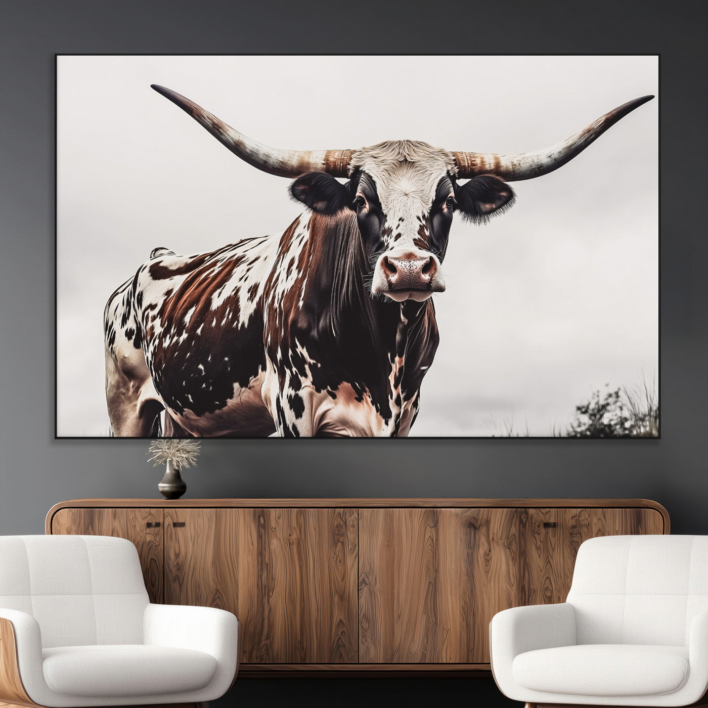 SEG-FC-51X34_Oversize - Texas Longhorn Wall Art Canvas Print, Framed Spotted Bull Art Picture Print, Horned Cattle Perfect Rustic Farmhouse Decor Artwork