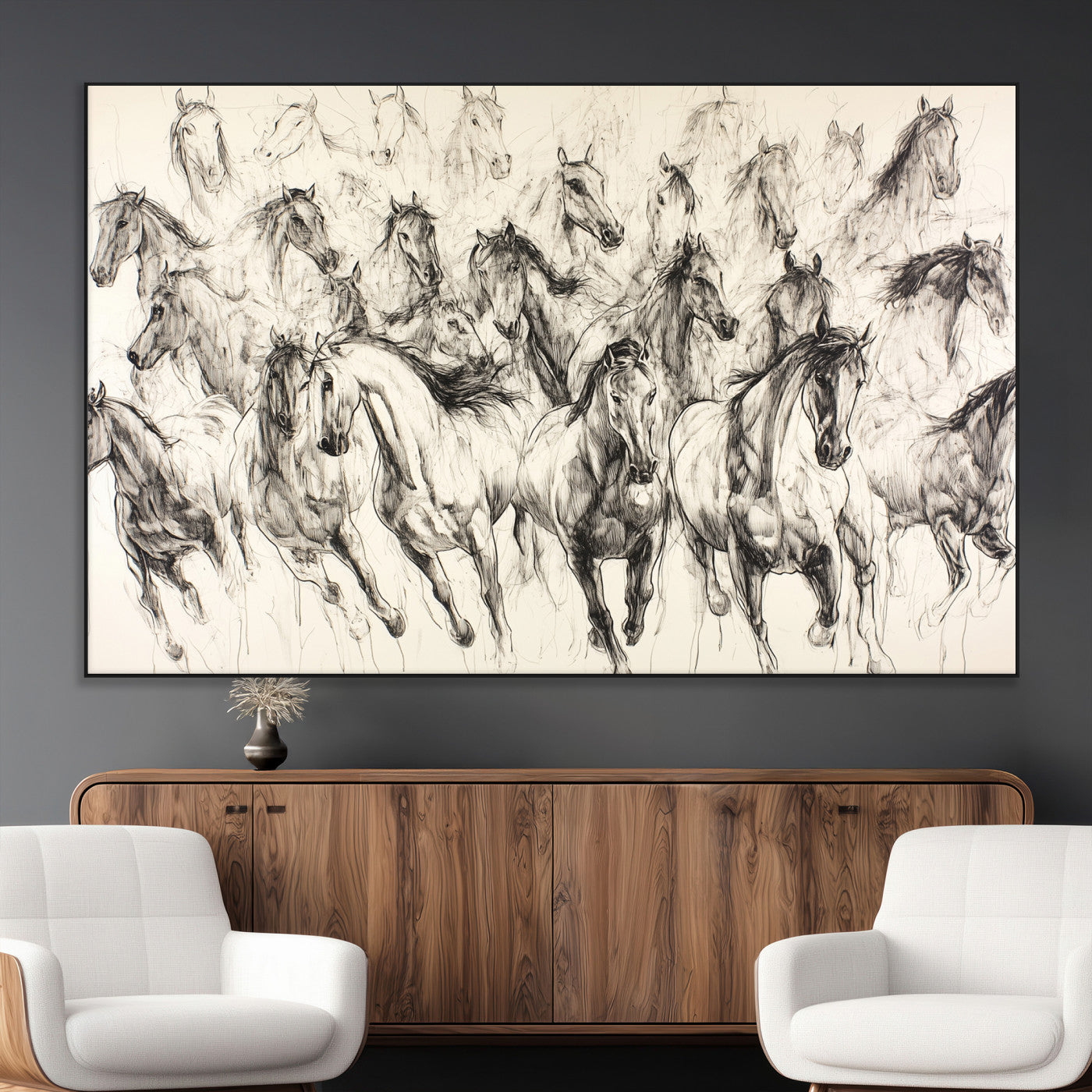 SEG-FC-51X34_Oversize - Running Horses Wall Art Canvas Print, Framed Horse Sketch Art Picture Print, Galloping Herd Perfect Monochrome Western Decor Artwork