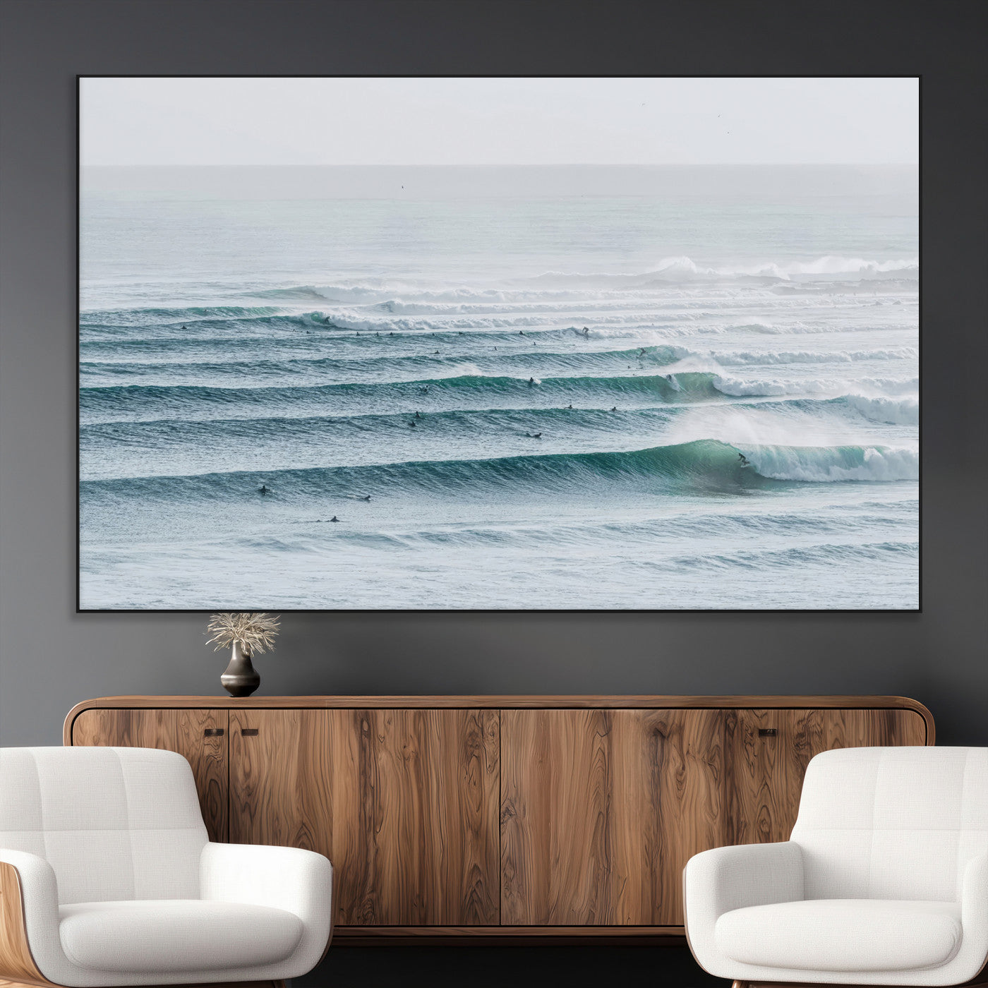SEG-FC-51X34_Oversize - Ocean Waves Wall Art Canvas Print, Framed Surfer Lineup Art Picture Print, Crowded Ocean Perfect Minimal Coastal Decor Artwork