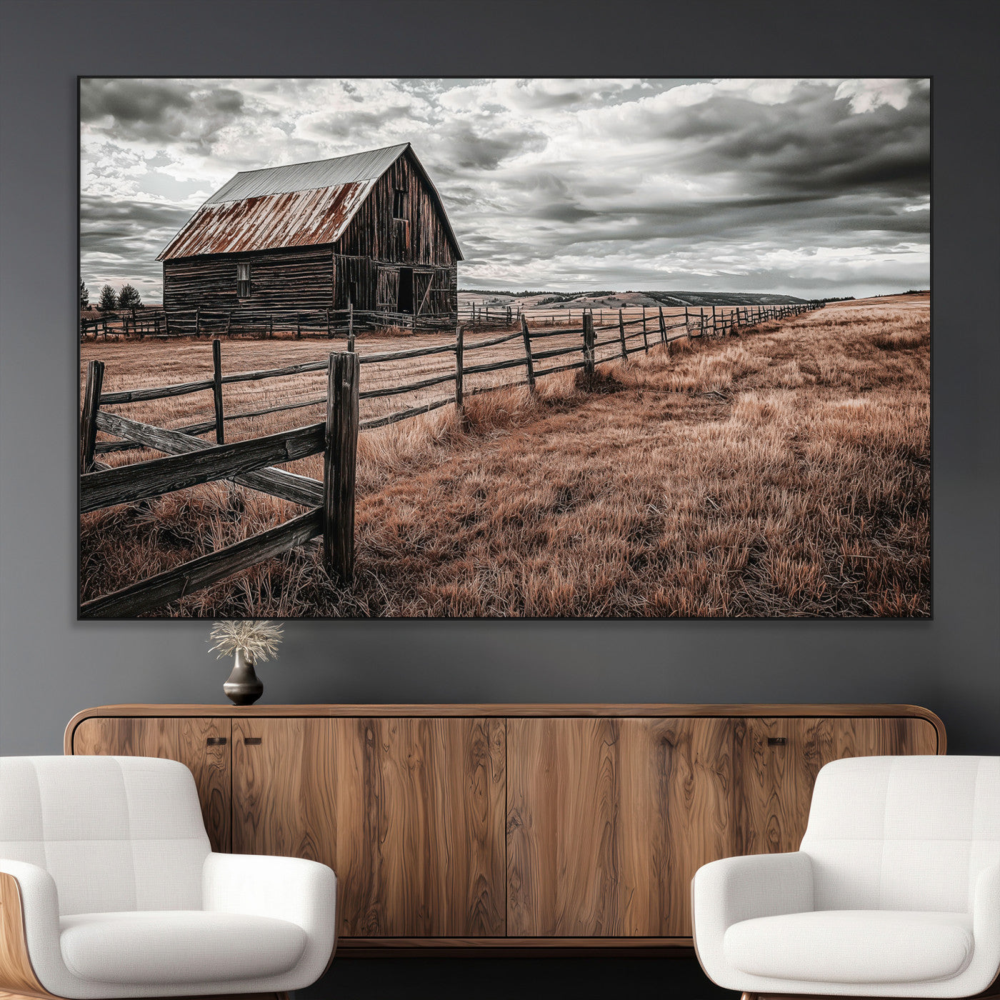 SEG-FC-51X34_Oversize - Rustic Barn Wall Art Canvas Print, Framed Moody Field Art Picture Print, Weathered Fence Perfect Moody Farmhouse Decor Artwork