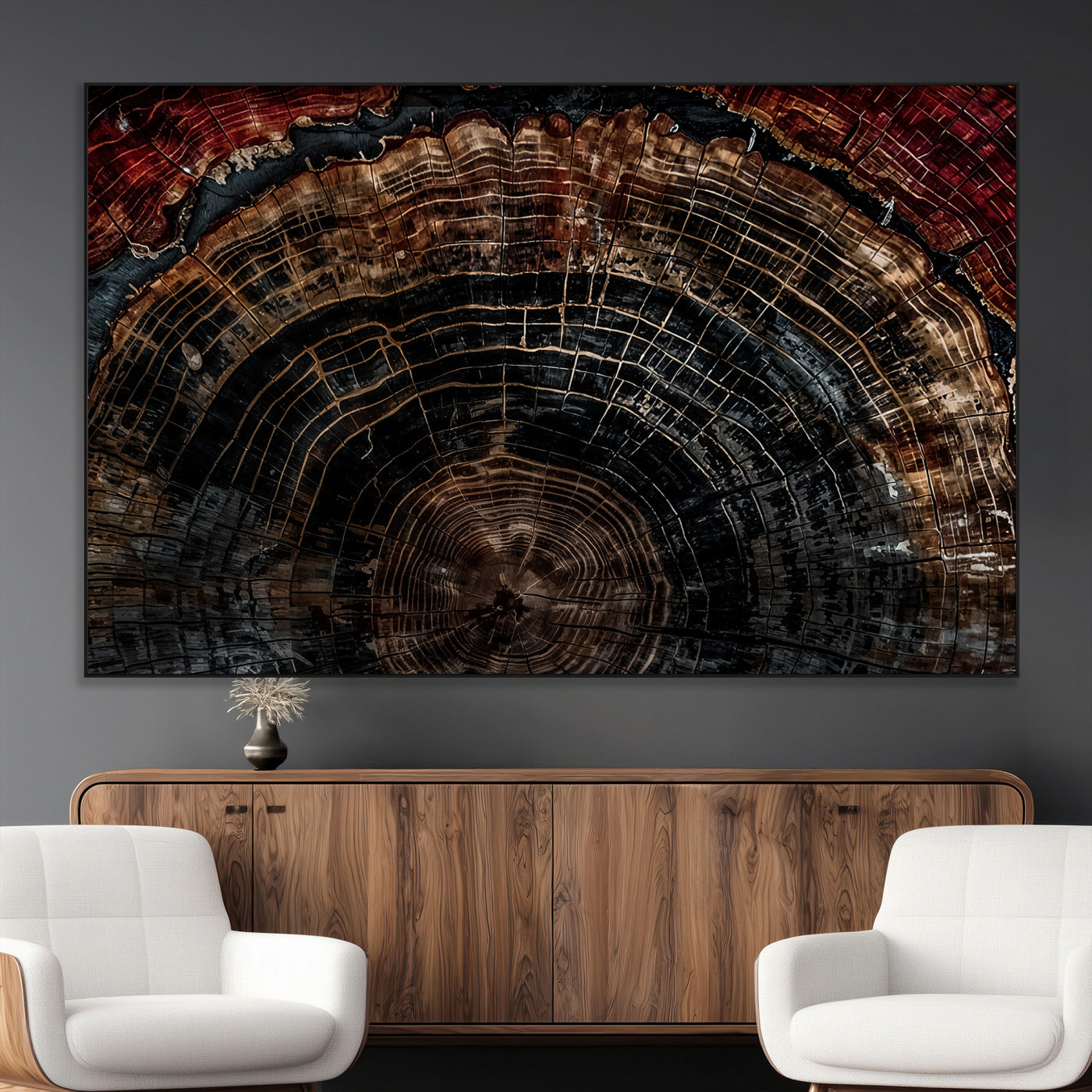 SEG-FC-51X34_Oversize - Dark Wood Ring Wall Art Canvas Print, Framed Abstract Wood Tree Art Picture Print, Rustic Tree Slice Perfect Rustic Decor Artwork