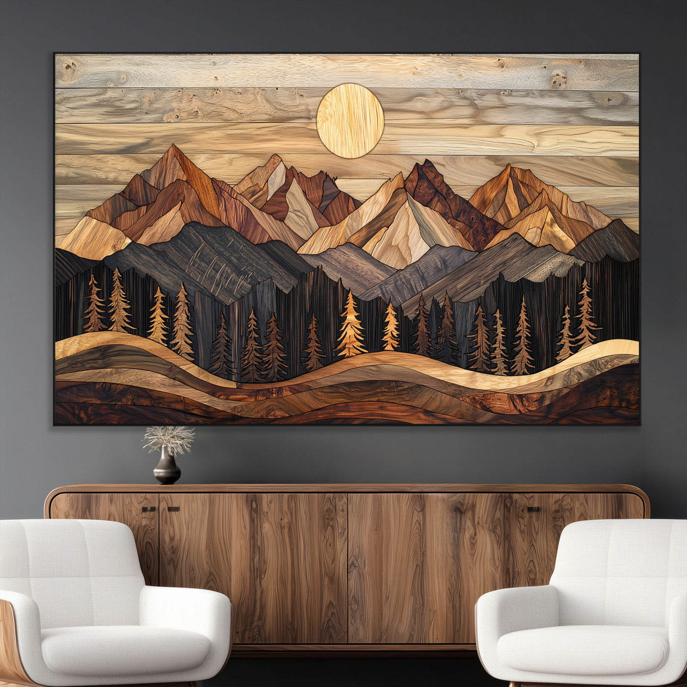 SEG-FC-51X34_Oversize - Wood Mountain Wall Art Canvas Print, Framed Boho Wood Art Picture Print, Abstract Woodland Perfect Farmhouse Decor Artwork