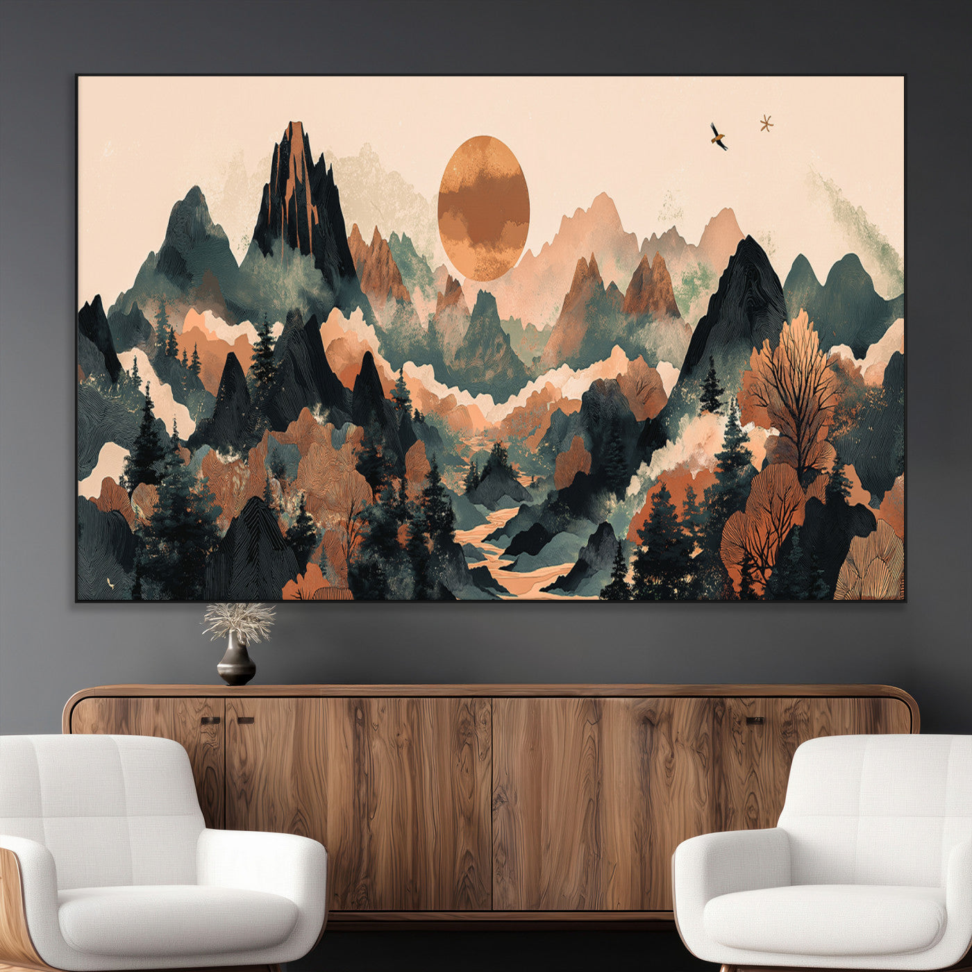 SEG-FC-51X34_Oversize - Wood Mountain Landscape Wall Art Canvas Print, Framed Sunset Hills Art Picture Print, Abstract Nature Perfect Boho Decor Artwork