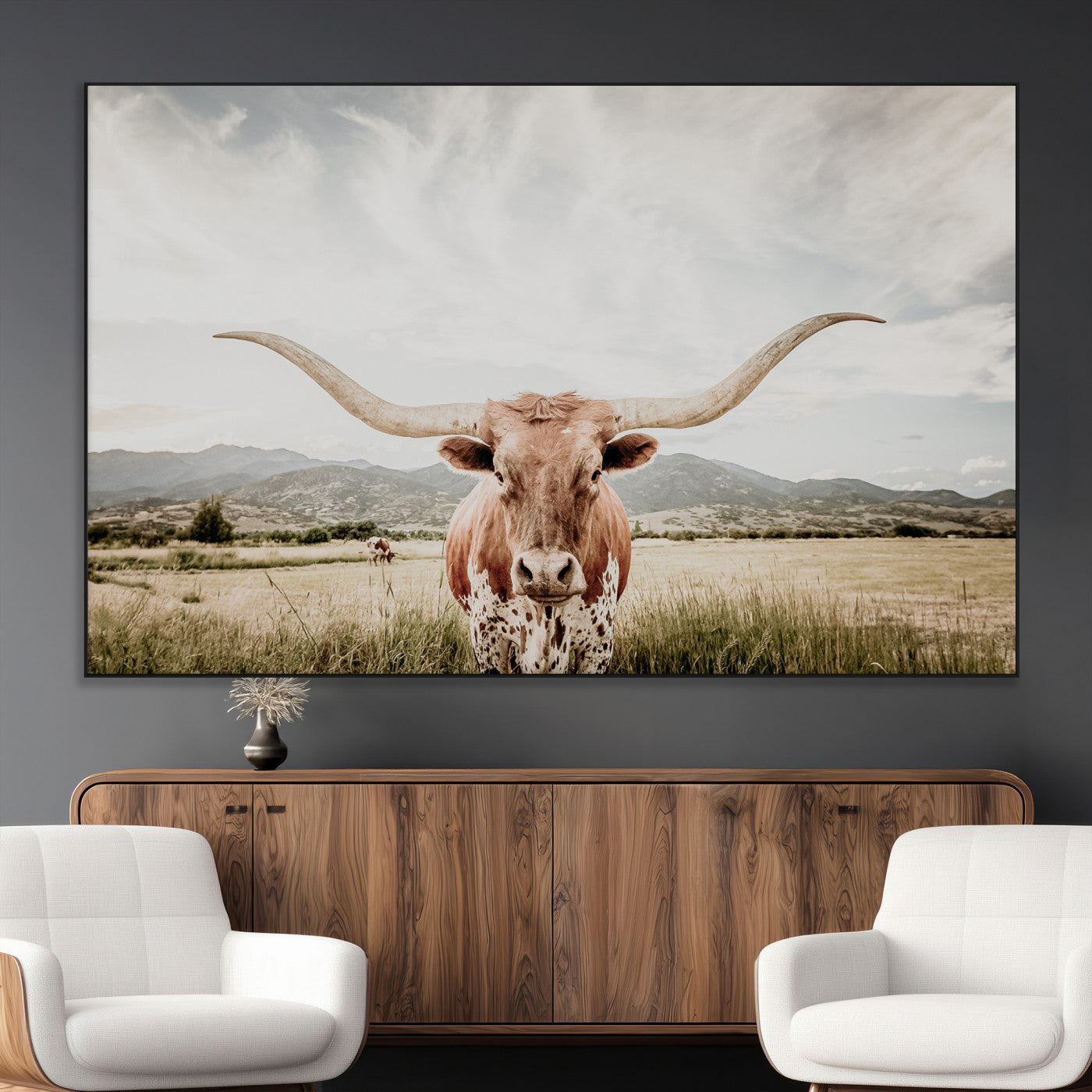 SEG-FC-51X34_Oversize - Texas Longhorn Wall Art Canvas Print, Framed Western Cow Art Picture Print, Rustic Farmhouse Perfect Farmhouse Decor Artwork