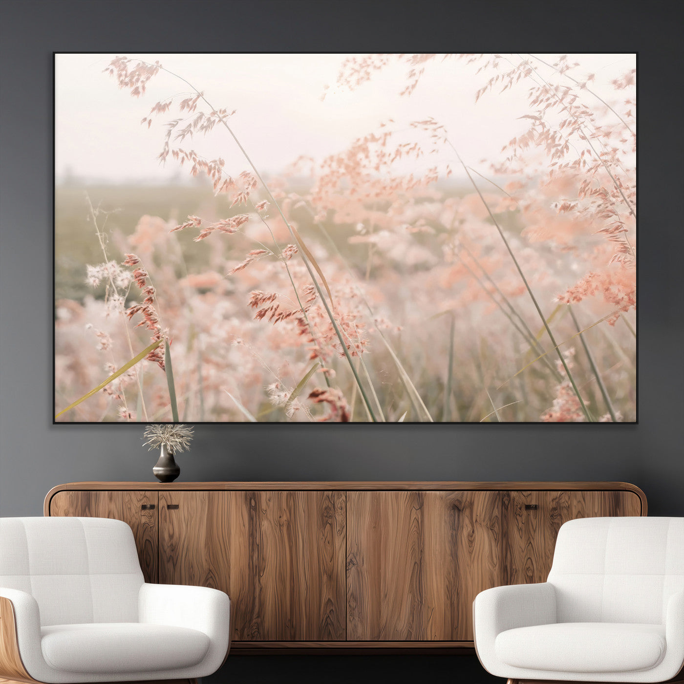 SEG-FC-51X34_Oversize - Pastel Grasses Wall Art Canvas Print, Framed Soft Meadow Art Picture Print, Field in Breeze Perfect Soft Pastel Minimal Decor Artwork
