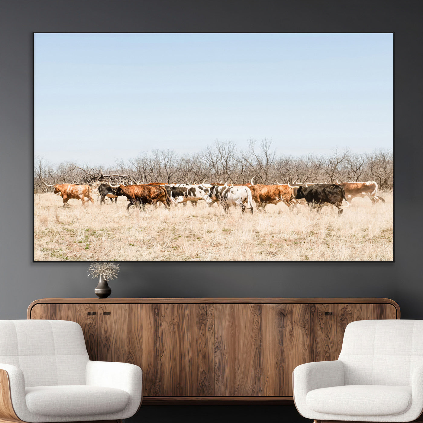 SEG-FC-51X34_Oversize - Texas Longhorns Wall Art Canvas Print, Framed Western Cattles Art Picture Print, Rustic Herd Perfect Rustic Farmhouse Decor Artwork