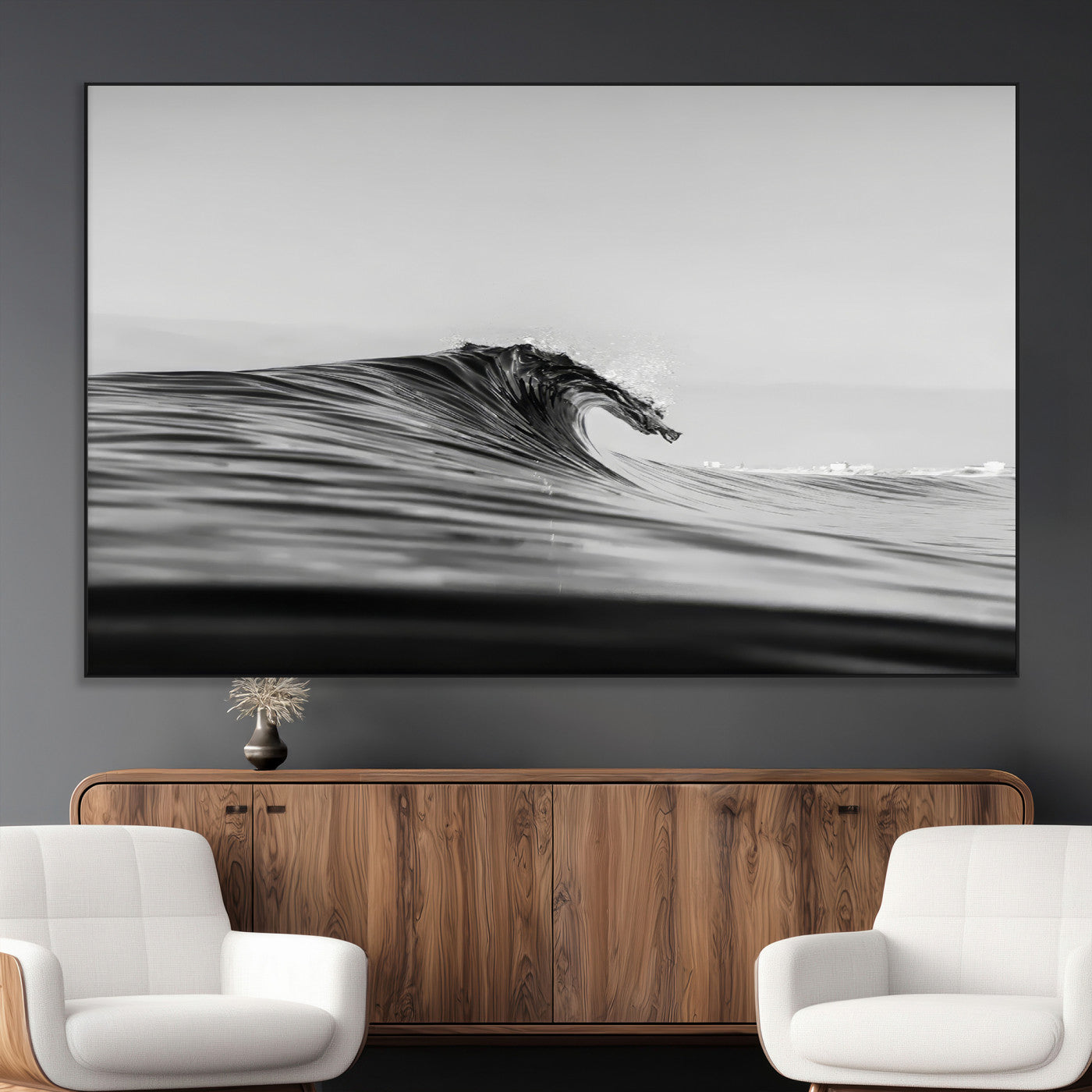 SEG-FC-51X34_Oversize - Black Wave Wall Art Canvas Print, Framed Abstract Surf Art Picture Print, Minimalist Ocean Perfect Minimalist Coastal Decor Artwork