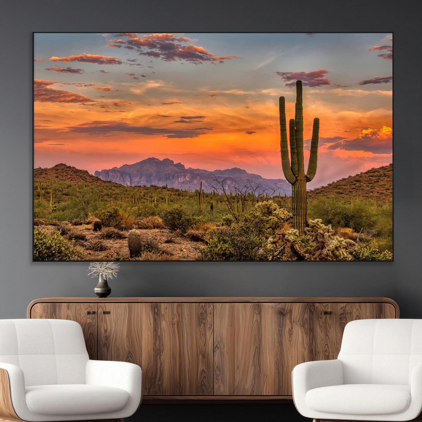 SEG-FC-51X34_Oversize - Saguaro Cactus Wall Art Canvas Print, Framed Arizona Sunset Art Picture Print, Sonoran Desert Perfect Southwestern Boho Decor Artwork