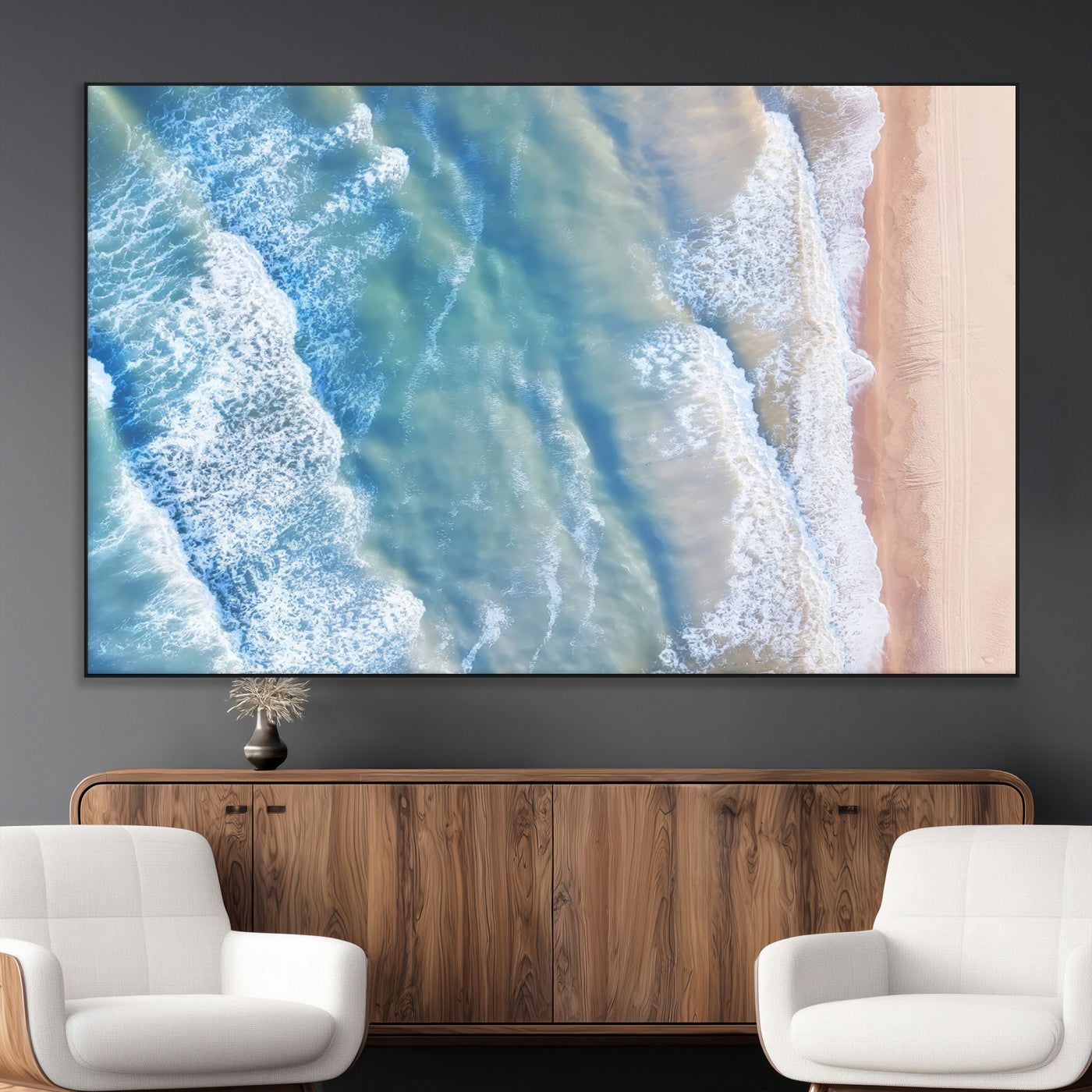 SEG-FC-51X34_Oversize - Aerial Ocean View Wall Art Canvas Print, Framed Soft Blue Waves Art Picture Print, Sandy Shoreline Perfect Modern Coastal Decor Artwork