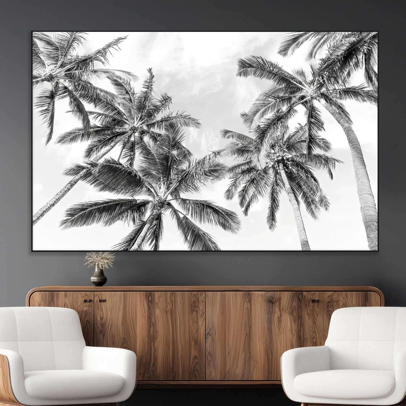 SEG-FC-51X34_Oversize - Black White Palm Wall Art Canvas Print, Framed Monochrome Tropics Art Picture Print, Minimalist Beach Perfect Coastal Minimalist Decor Artwork