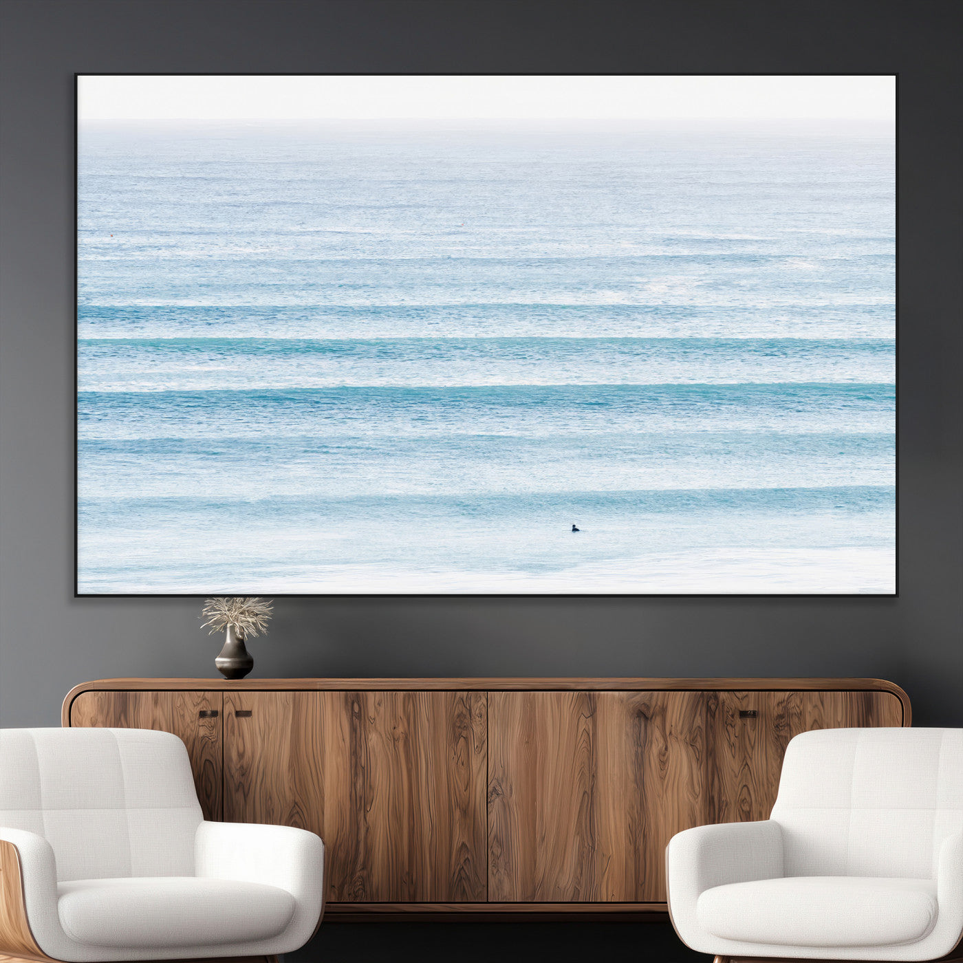 SEG-FC-51X34_Oversize - Ocean Simplicity Wall Art Canvas Print, Framed Surfer on Water Art Picture Print, Light Blue Perfect Coastal Minimalist Decor Artwork