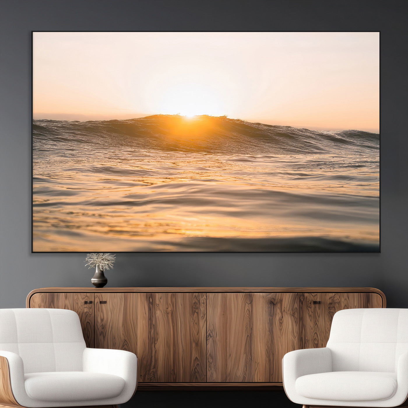SEG-FC-51X34_Oversize - Calm Water Wall Art Canvas Print, Framed Sunset Waves Art Picture Print, Coastal Warmth Perfect Warm Minimalist Decor Artwork