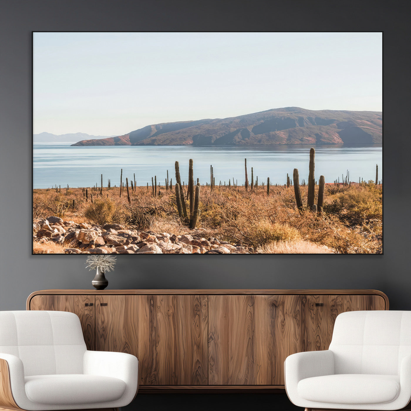 SEG-FC-51X34_Oversize - Desert Cactus Wall Art Canvas Print, Framed Baja Coastline Art Picture Print, Coastal Desert Perfect Southwestern Minimalist Decor Artwork