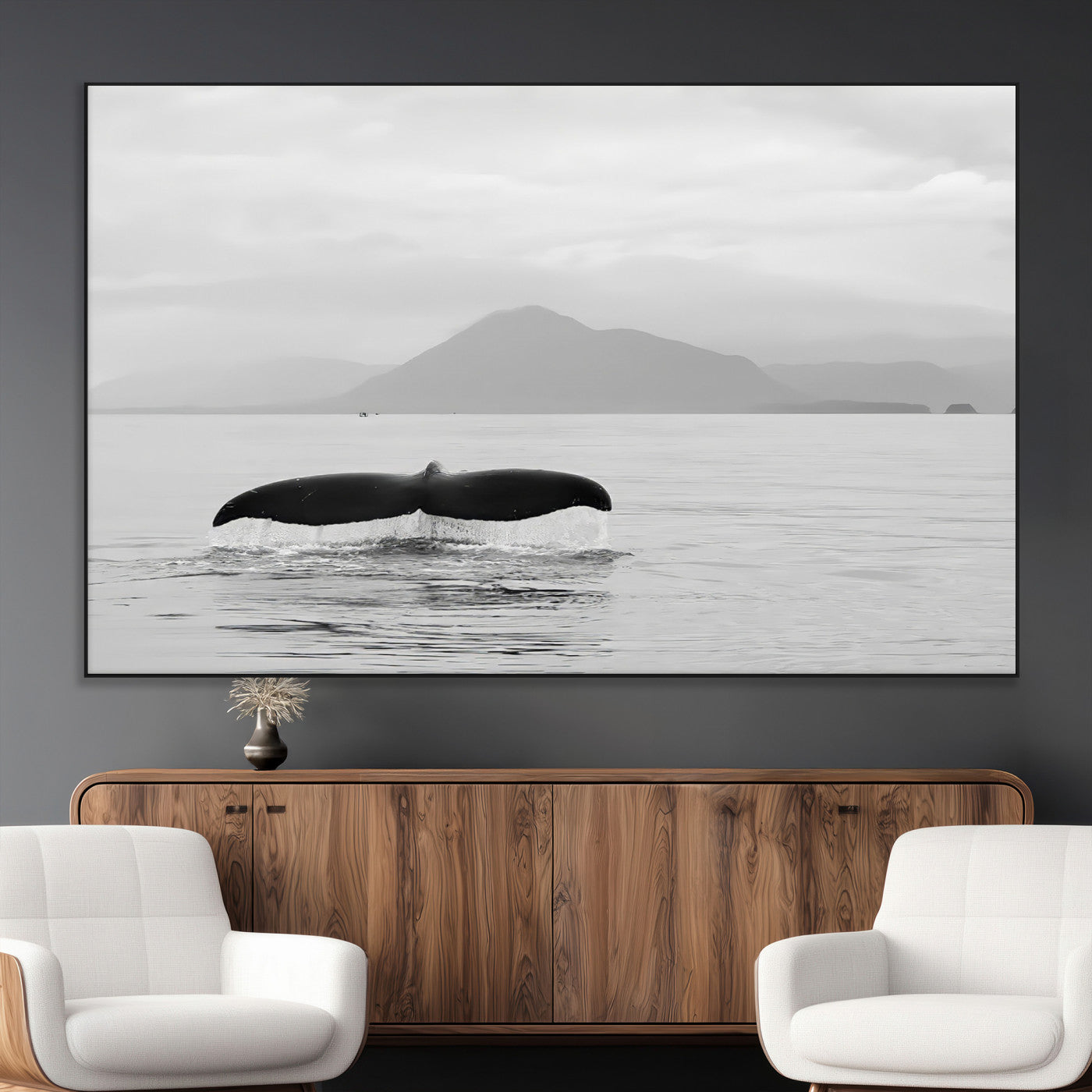SEG-FC-51X34_Oversize - Whale Tail Wall Art Canvas Print, Framed Black White Ocean Art Picture Print, Calm Marine Perfect Minimalist Coastal Decor Artwork