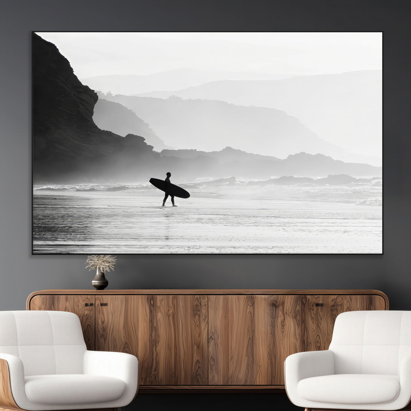 SEG-FC-51X34_Oversize - Surfer In Fog Wall Art Canvas Print, Framed Moody Shoreline Art Picture Print, Cliffside Waves Perfect Minimalist Coastal Decor Artwork