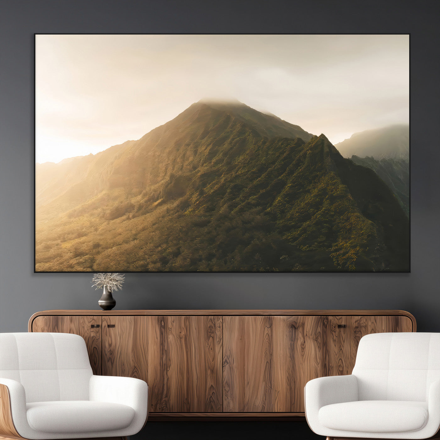 SEG-FC-51X34_Oversize - Golden Mountain Wall Art Canvas Print, Framed Misty Summit Art Picture Print, Rugged Landscape Perfect Moody Wilderness Decor Artwork