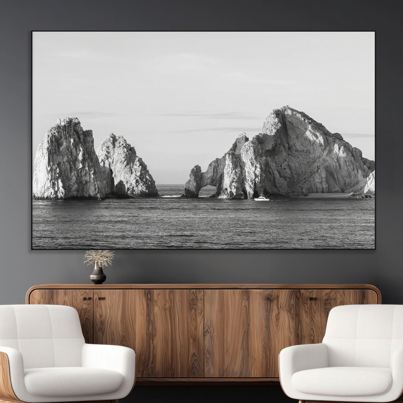 SEG-FC-51X34_Oversize - Rugged Coastline Wall Art Canvas Print, Framed Ocean Cliffs Art Picture Print, Monochrome Seascape Perfect Coastal Minimalist Decor Artwork