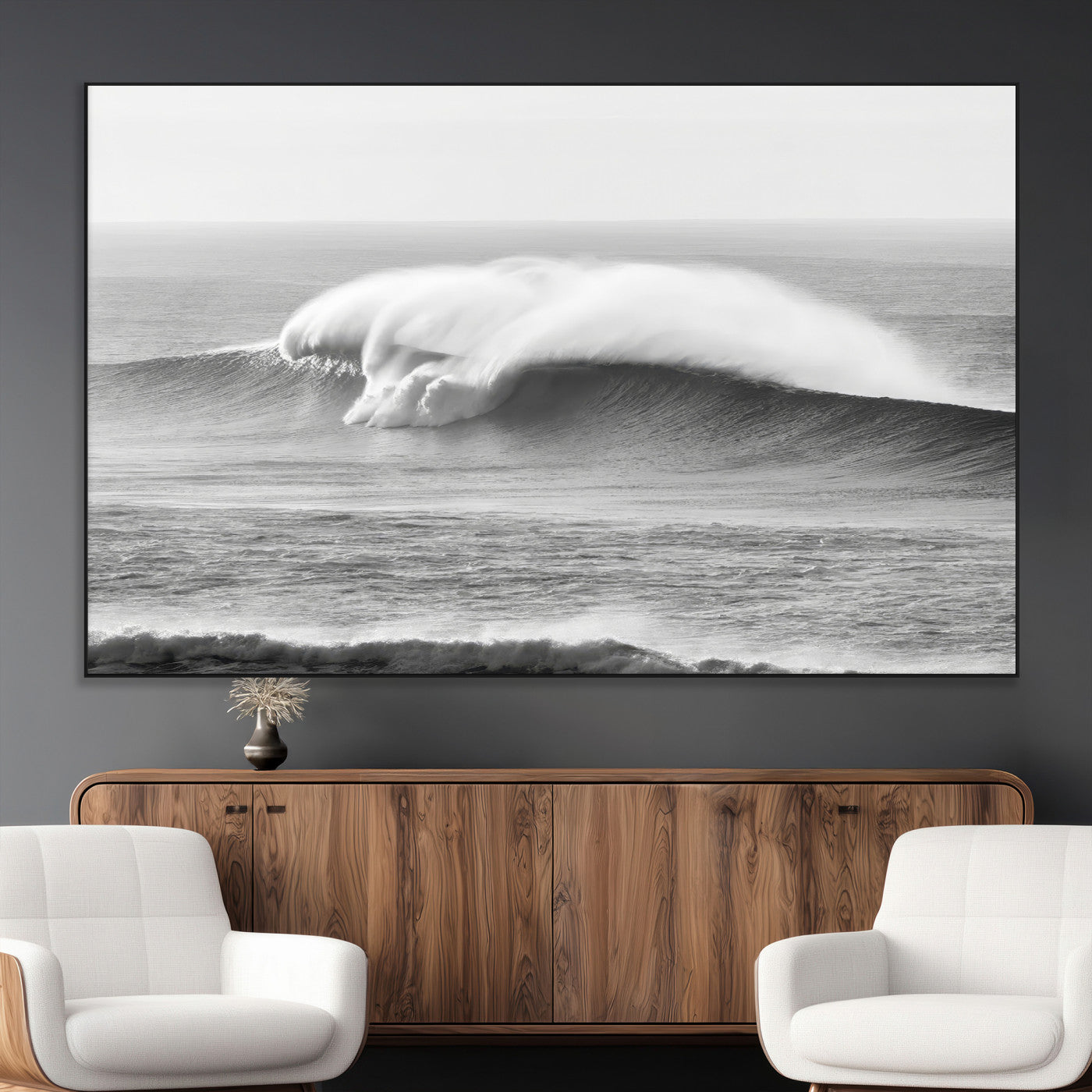 SEG-FC-51X34_Oversize - Monochrome Seascape Wall Art Canvas Print, Framed Surf Wave Art Picture Print, Minimalist Ocean Perfect Moody Coastal Decor Artwork