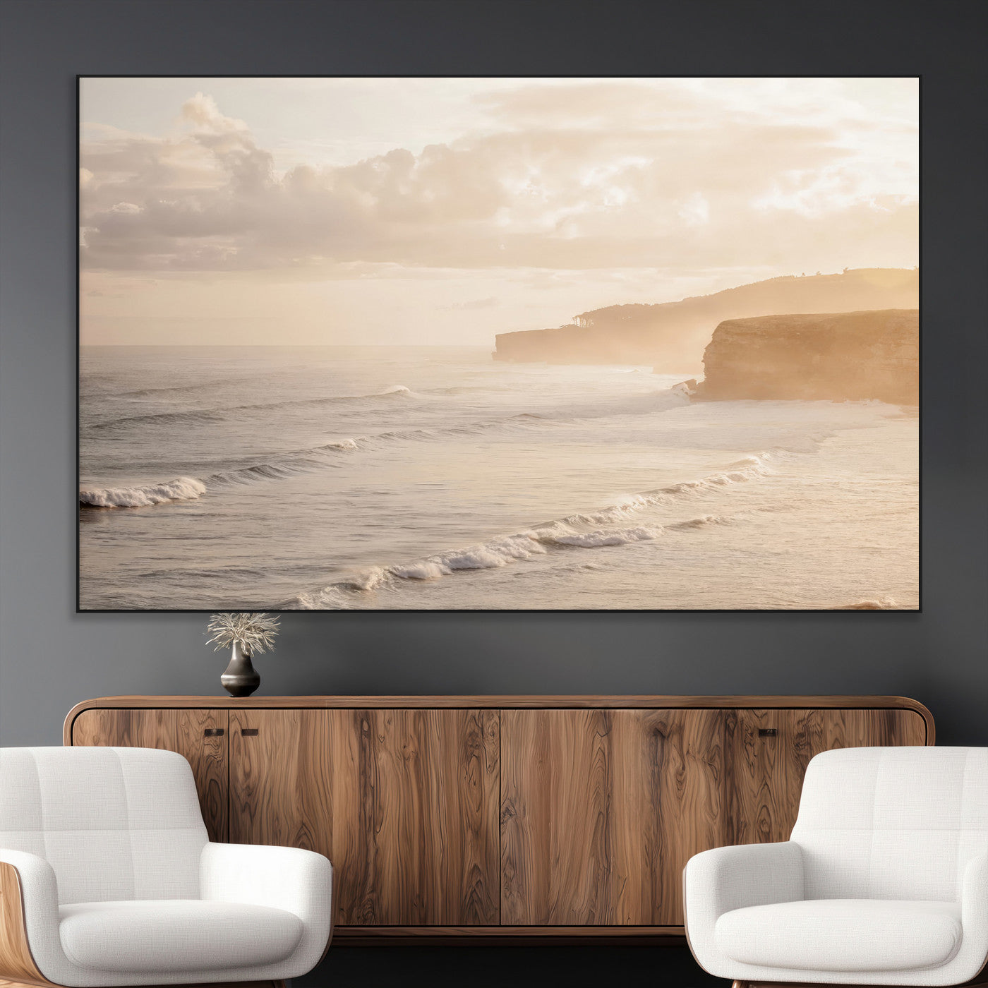 SEG-FC-51X34_Oversize - Misty Coastal Wall Art Canvas Print, Framed Golden Sunset Art Picture Print, Serene Shoreline Perfect Tranquil Coastal Decor Artwork