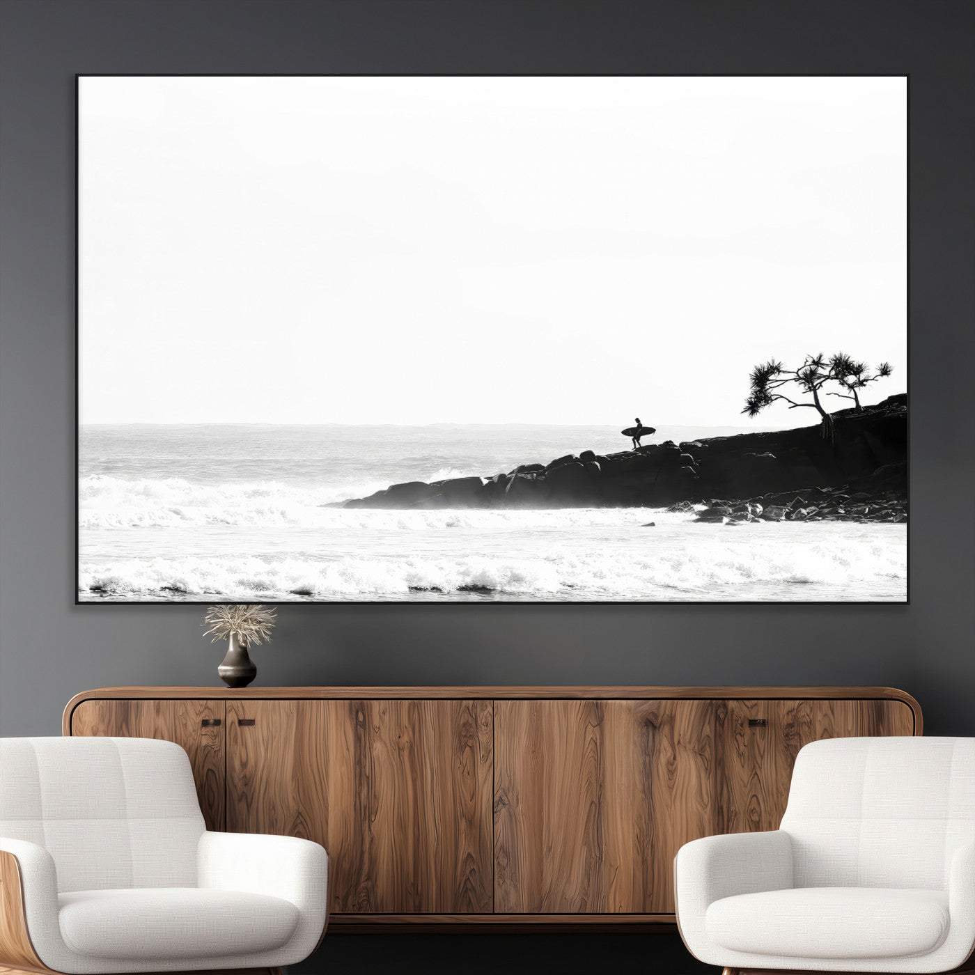 SEG-FC-51X34_Oversize - SurferCliffs Wall Art Canvas Print, Framed Black White Beach Art Picture Print, Ocean Waves Perfect Minimalist Coastal Decor Artwork