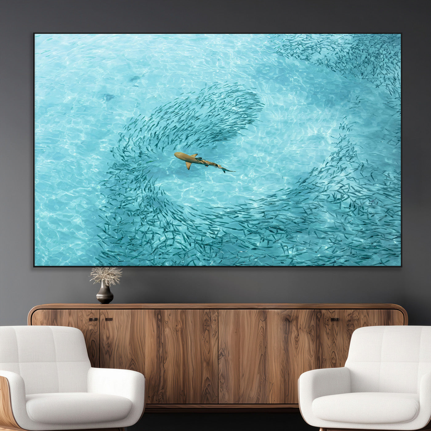 SEG-FC-51X34_Oversize - Fish Swarm Wall Art Canvas Print, Framed Marine Life Art Picture Print, Shark Aerial Perfect Wildlife Coastal Decor Artwork