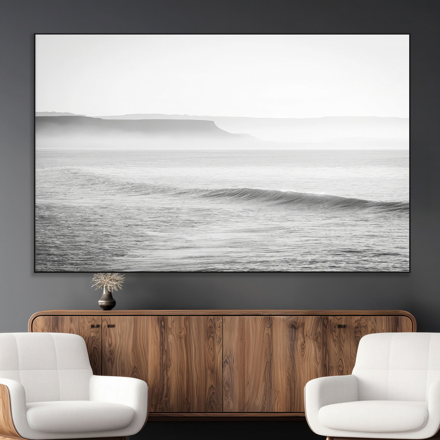 SEG-FC-51X34_Oversize - Black White Seascape Wall Art Canvas Print, Framed Ocean Waves Art Picture Print, Misty Coastal Perfect Minimalist Coastal Decor Artwork