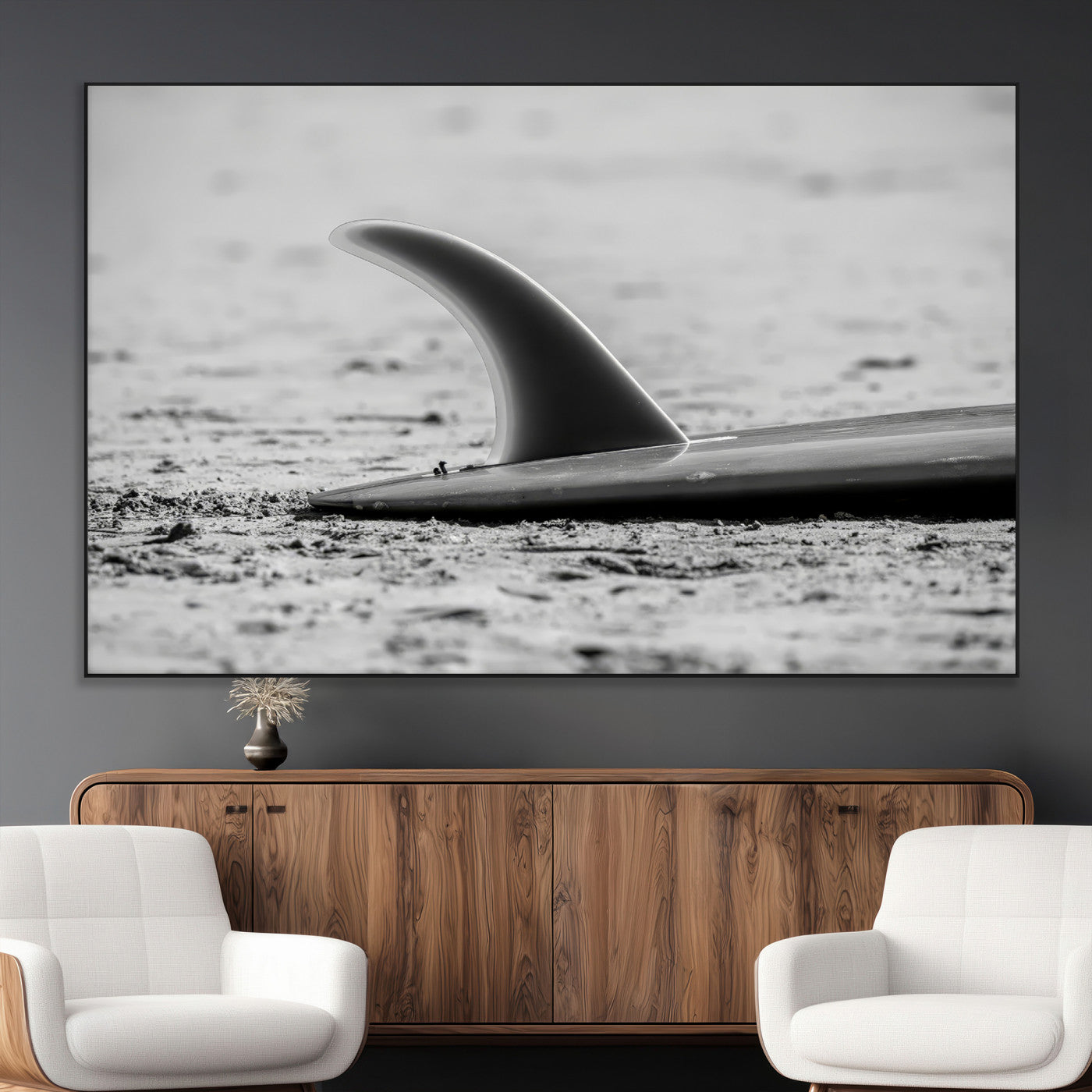 SEG-FC-51X34_Oversize - Black White Surfboard Wall Art Canvas Print, Framed Minimalist Beach Art Picture Print, Surf Fin Perfect Minimalist Coastal Decor Artwork