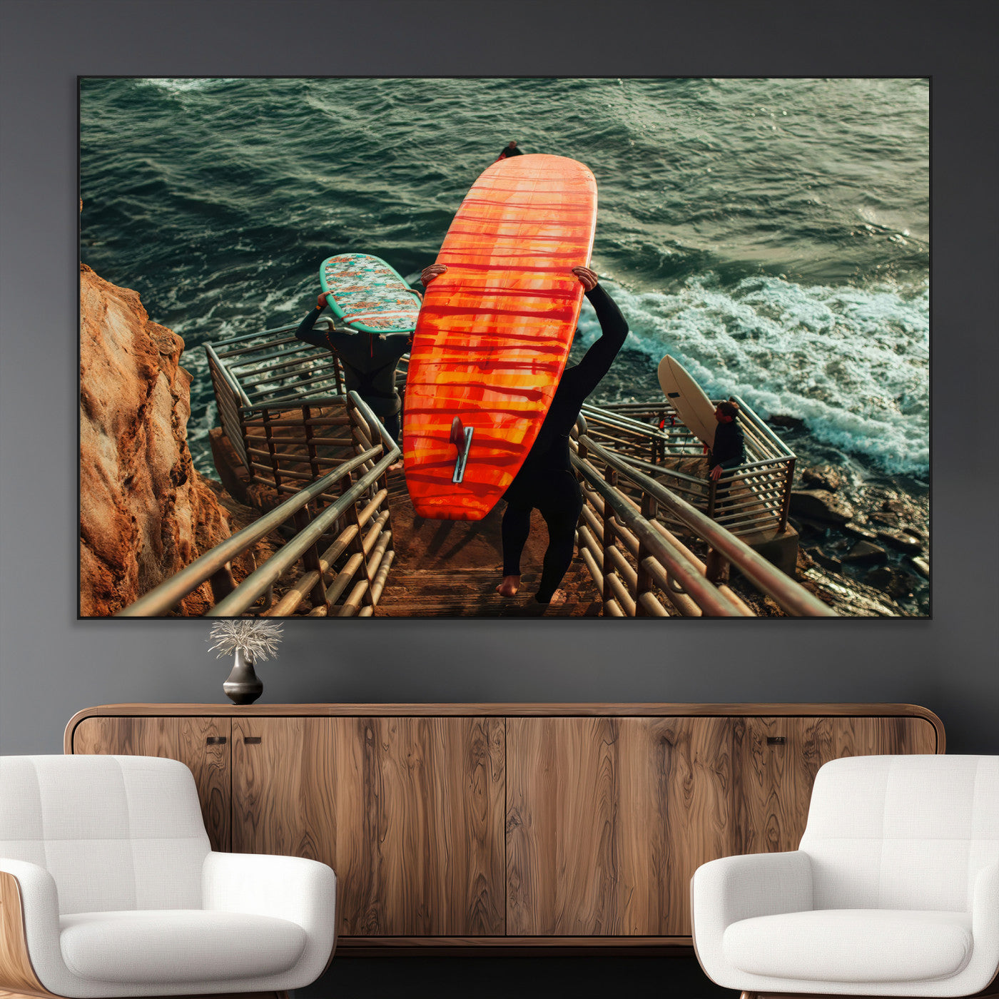 SEG-FC-51X34_Oversize - Surfer Stairway Wall Art Canvas Print, Framed Ocean Surf Art Picture Print, Sunset Coastal Perfect Coastal Adventure Decor Artwork