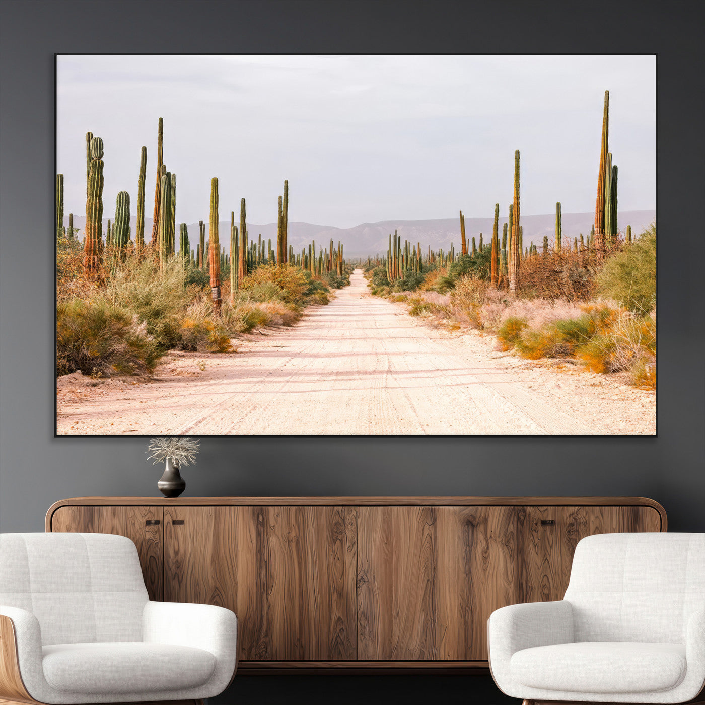 SEG-FC-51X34_Oversize - Desert Cactus Lined Road Wall Art Canvas Print, Framed Southwestern Landscape Art Picture Print, Bohemian Western Aesthetic Perfect Southwestern Boho Decor Artwork