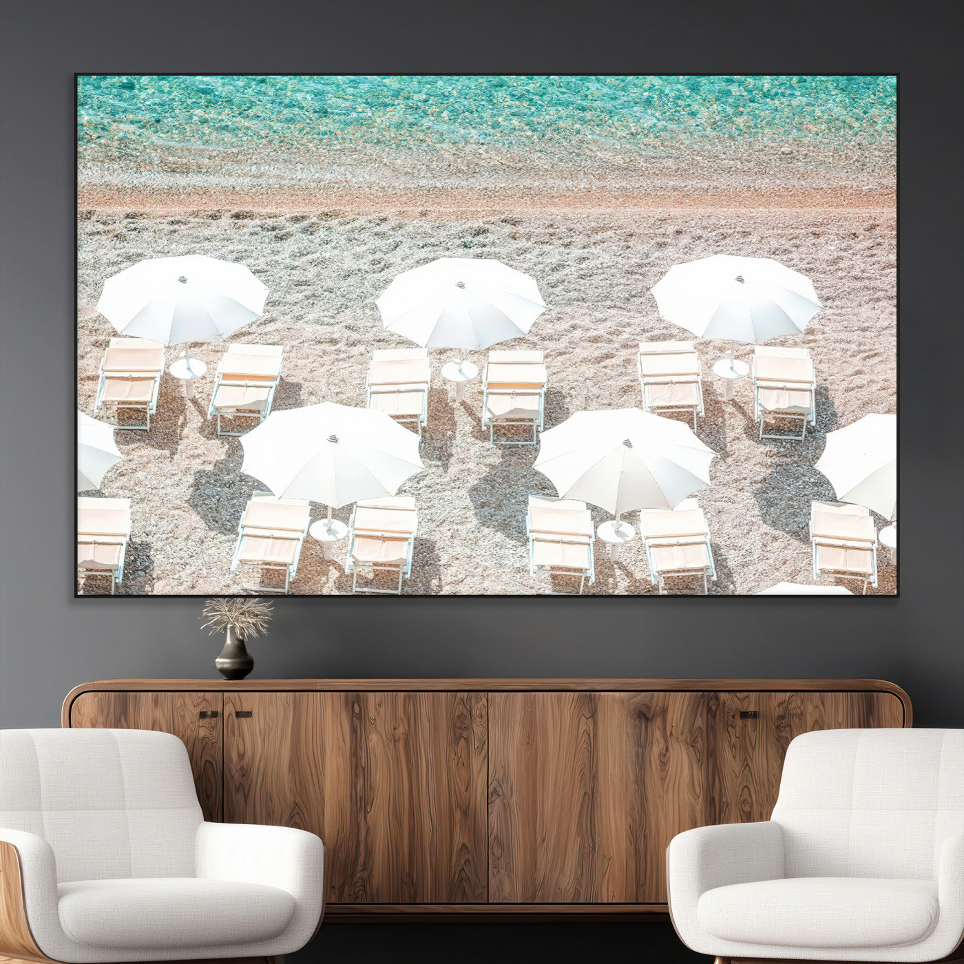SEG-FC-51X34_Oversize - Calm Beach Wall Art Canvas Print, Framed Turquoise Water Art Picture Print, Umbrella Shoreline Perfect Coastal Minimalist Decor Artwork