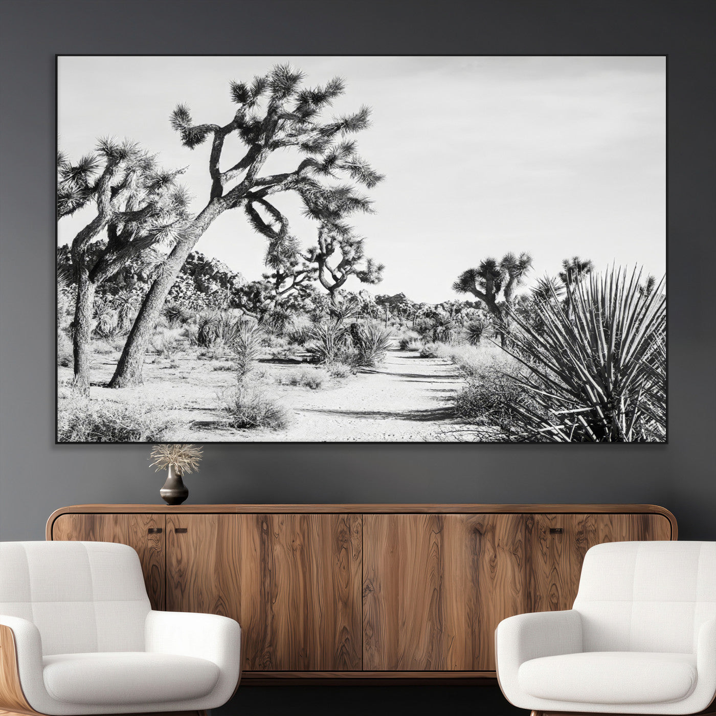 SEG-FC-51X34_Oversize - Joshua Tree Wall Art Canvas Print, Framed Desert Path Art Picture Print, Monochrome Desert Perfect Minimalist Desert Decor Artwork