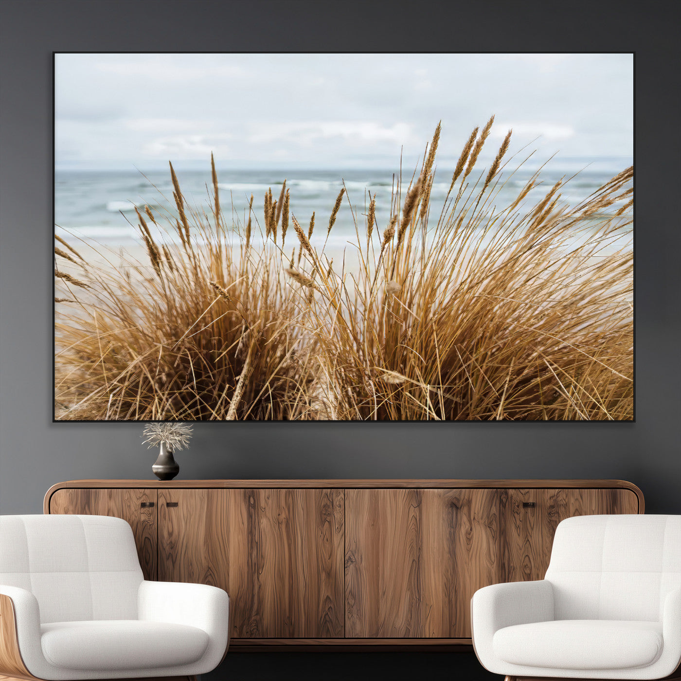 SEG-FC-51X34_Oversize - Beach Grass Wall Art Canvas Print, Framed Coastal Dunes Art Picture Print, Dune Grass Perfect Coastal Minimalist Decor Artwork