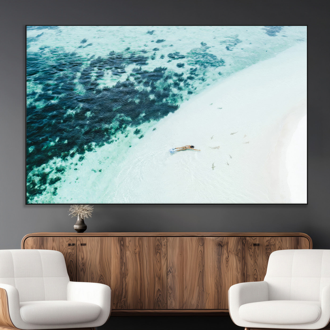 SEG-FC-51X34_Oversize - Minimal Beach Wall Art Canvas Print, Framed Ocean Swimming Art Picture Print, Clear Ocean Perfect Minimal Coastal Decor Artwork
