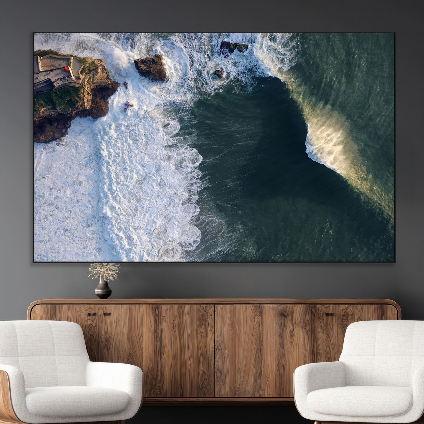 SEG-FC-51X34_Oversize - Nazaré Coast Wall Art Canvas Print, Framed Aerial Ocean Art Picture Print, Coastal Fortress Perfect Dramatic Coastal Decor Artwork