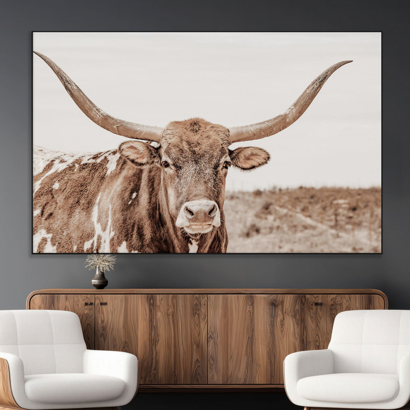 SEG-FC-51X34_Oversize - Longhorn Cow Wall Art Canvas Print, Framed Texas Ranch Art Picture Print, Western Bull Perfect County Decor Artwork