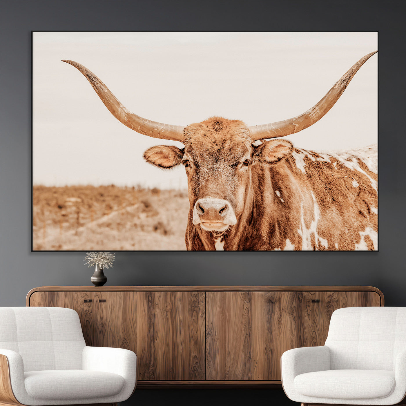 SEG-FC-51X34_Oversize - Longhorn Bull Wall Art Canvas Print, Framed Western Cow Art Picture Print, Rustic Farmhouse Perfect Neutral Farmhouse Decor Artwork
