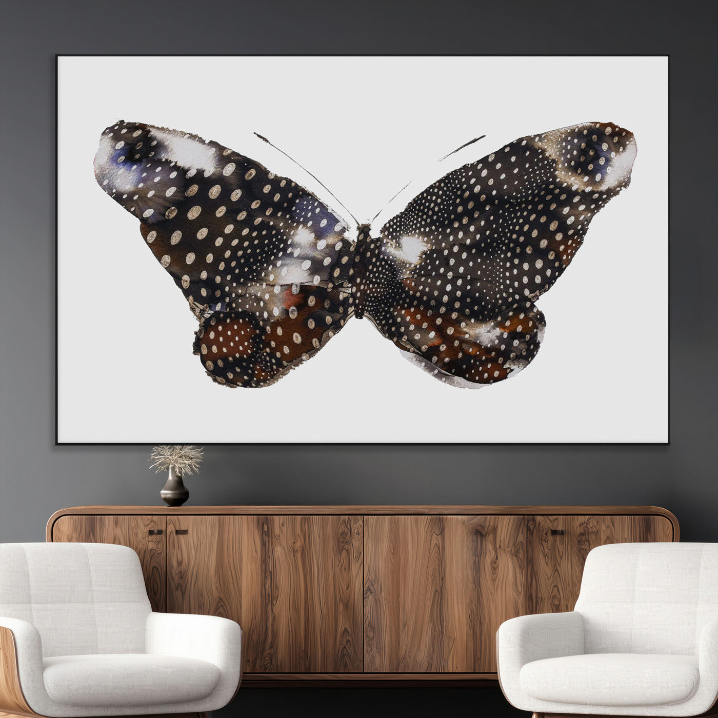 SEG-FC-51X34_Oversize - Spotted Butterfly Wall Art Canvas Print, Framed Neutral Insect Theme Art Picture Print, Earthy Wing Pattern Perfect Modern Rustic Decor Artwork