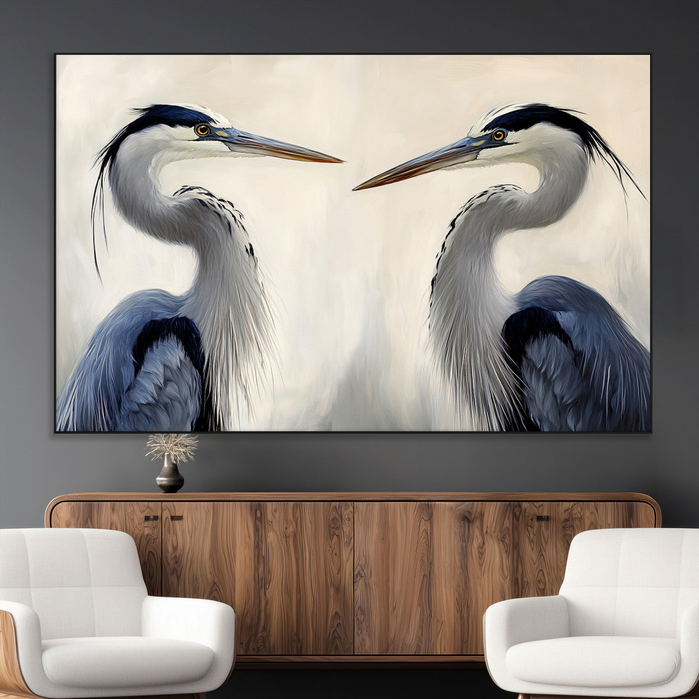 SEG-FC-51X34_Oversize - Blue Heron Pair Wall Art Canvas Print, Framed Coastal Bird Theme Art Picture Print, Tranquil Wildlife Scene Perfect Coastal Minimalist Decor Artwork