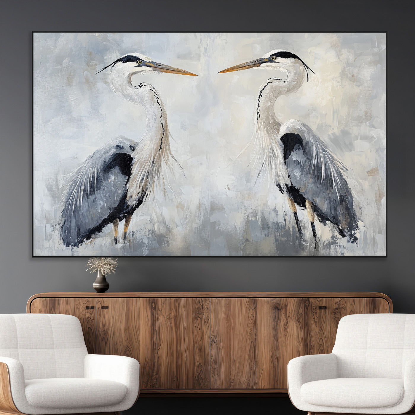 SEG-FC-51X34_Oversize - Heron Wall Art Wall Art Canvas Print, Framed Bird Canvas Decor Art Picture Print, Nature Inspired Perfect Coastal Minimalist Decor Artwork