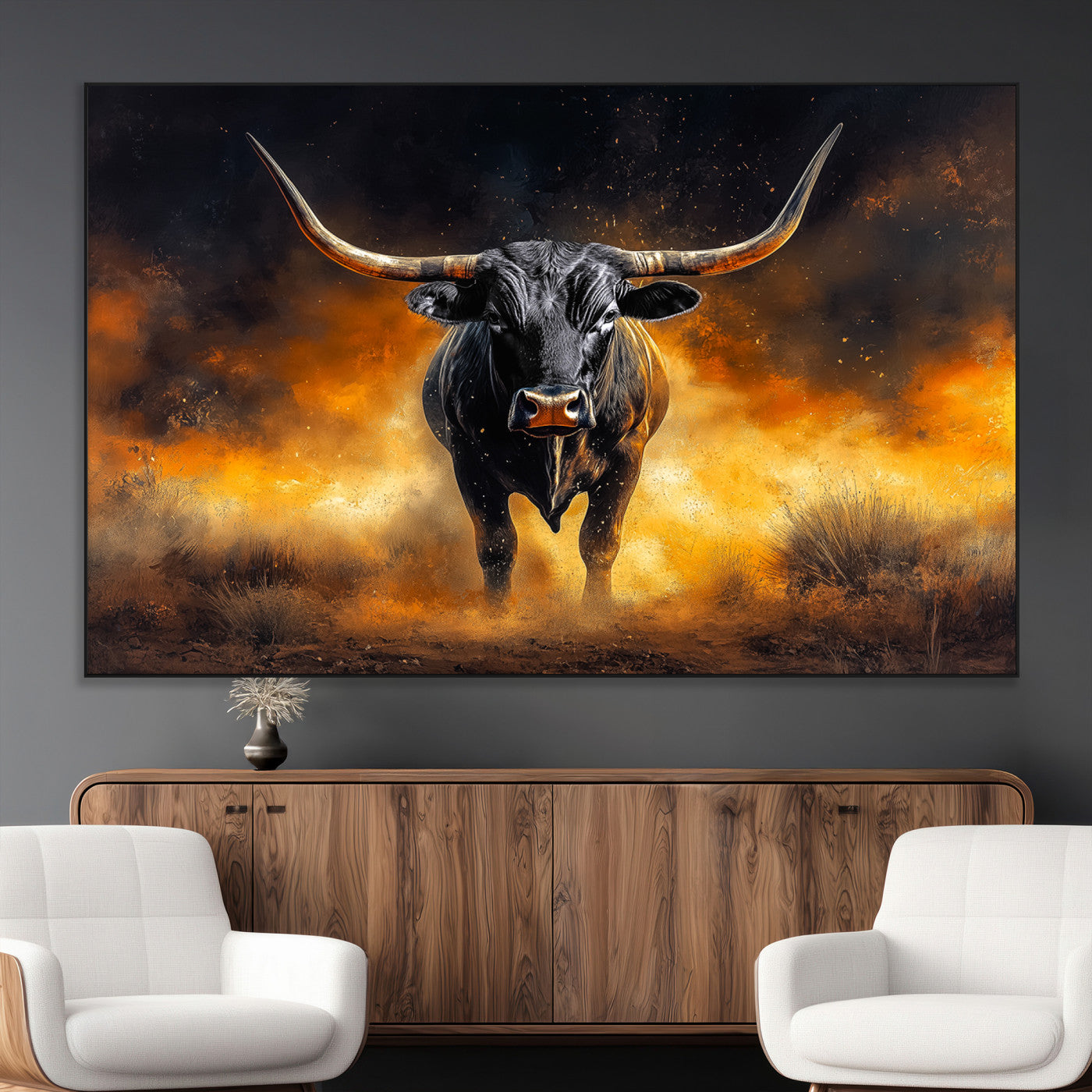 SEG-FC-51X34_Oversize - Longhorn Canvas Wall Art Canvas Print, Framed Bold Bull Wall Art Art Picture Print, Western Animal Decor Perfect Western Dramatic Decor Artwork