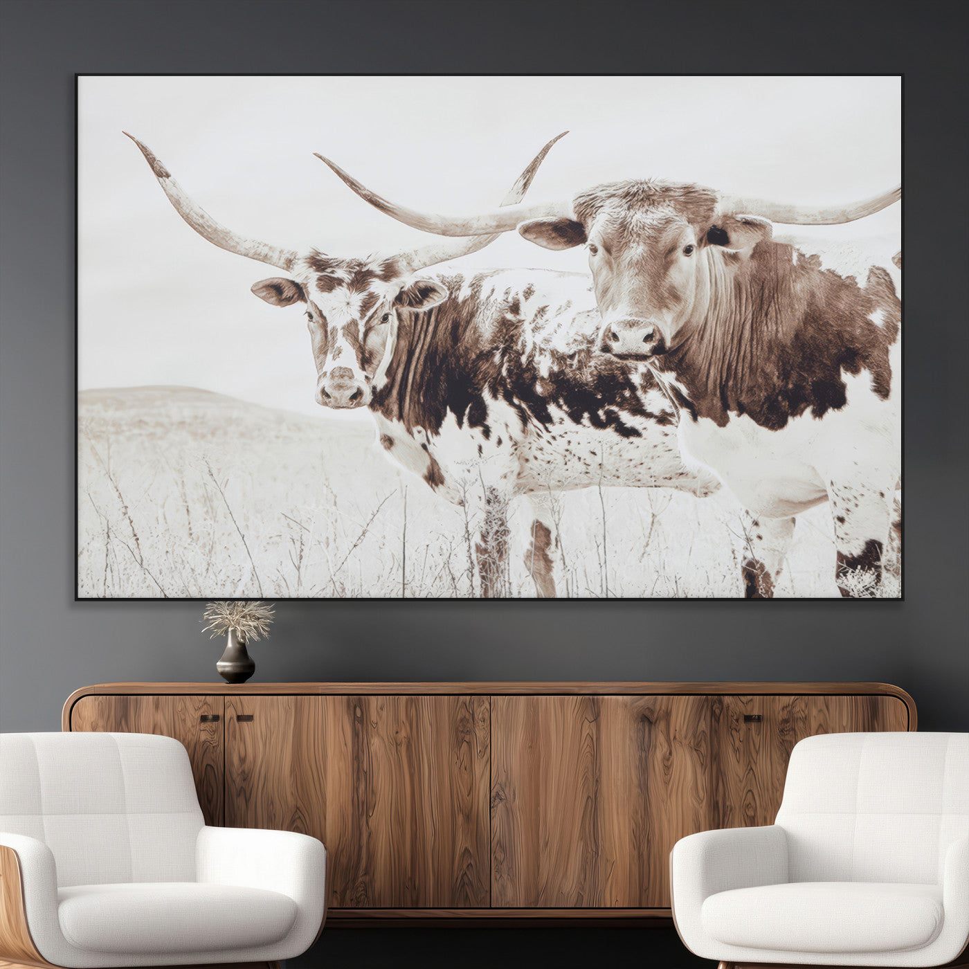 SEG-FC-51X34_Oversize - Longhorn Wall Art Wall Art Canvas Print, Framed Western Cow Canvas Art Picture Print, Rustic Farm Decor Perfect Rustic Farmhouse Decor Artwork