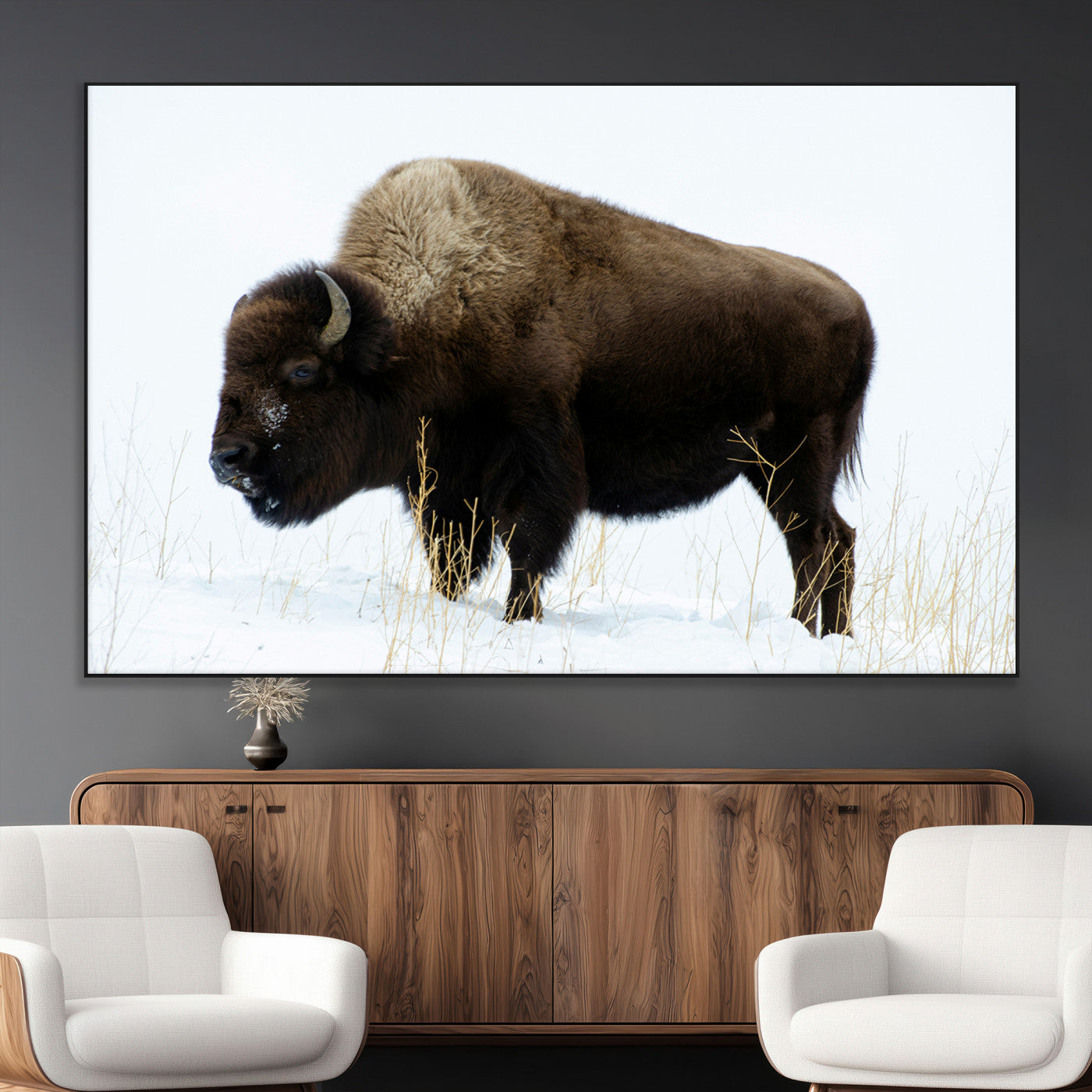 SEG-FC-51X34_Oversize - Bison Photography Wall Art Canvas Print, Framed Western Wildlife Art Picture Print, Buffalo On Snow Perfect Western Decor Artwork