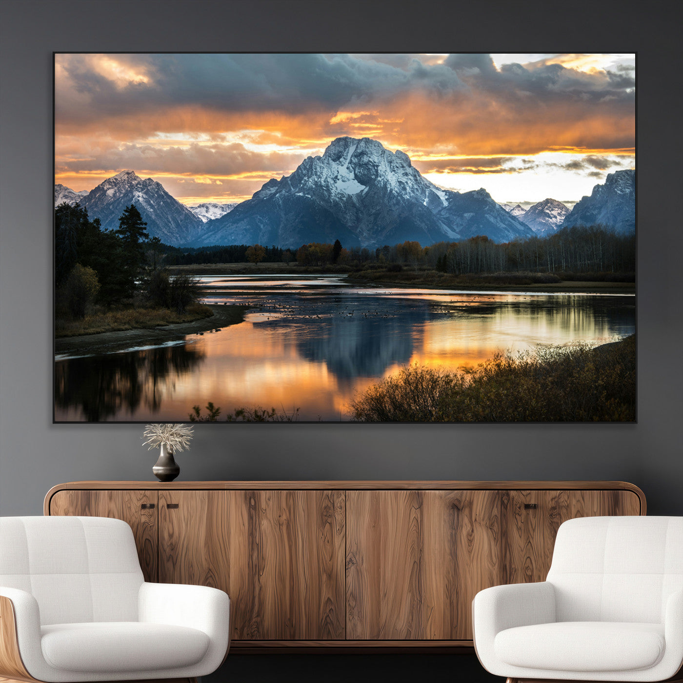 SEG-FC-51X34_Oversize - Mountain Sunset Wall Art Canvas Print, Framed Alpine Wilderness Art Picture Print, Golden Hour Perfect Wilderness Decor Artwork