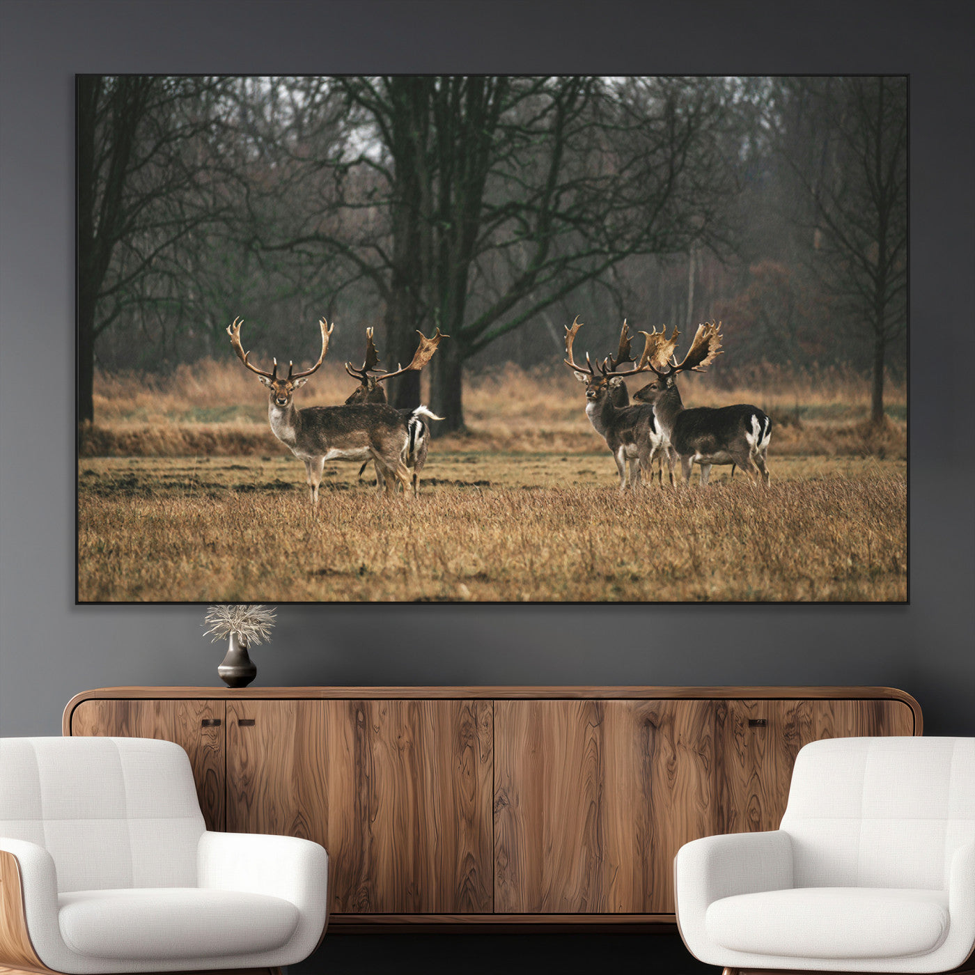 SEG-FC-51X34_Oversize - Deer Photography Wall Art Canvas Print, Framed Rustic Wildlife Art Picture Print, Stags In Forest Perfect Rustic Wilderness Decor Artwork