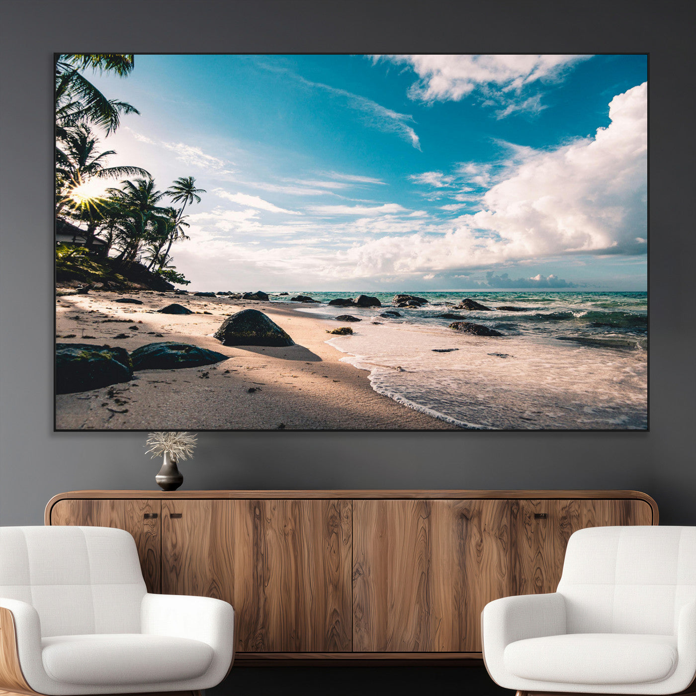 SEG-FC-51X34_Oversize - Tropical Beach Wall Art Canvas Print, Framed Ocean Waves Art Picture Print, Relazxing Seascape Perfect Tropical Coastal Decor Artwork