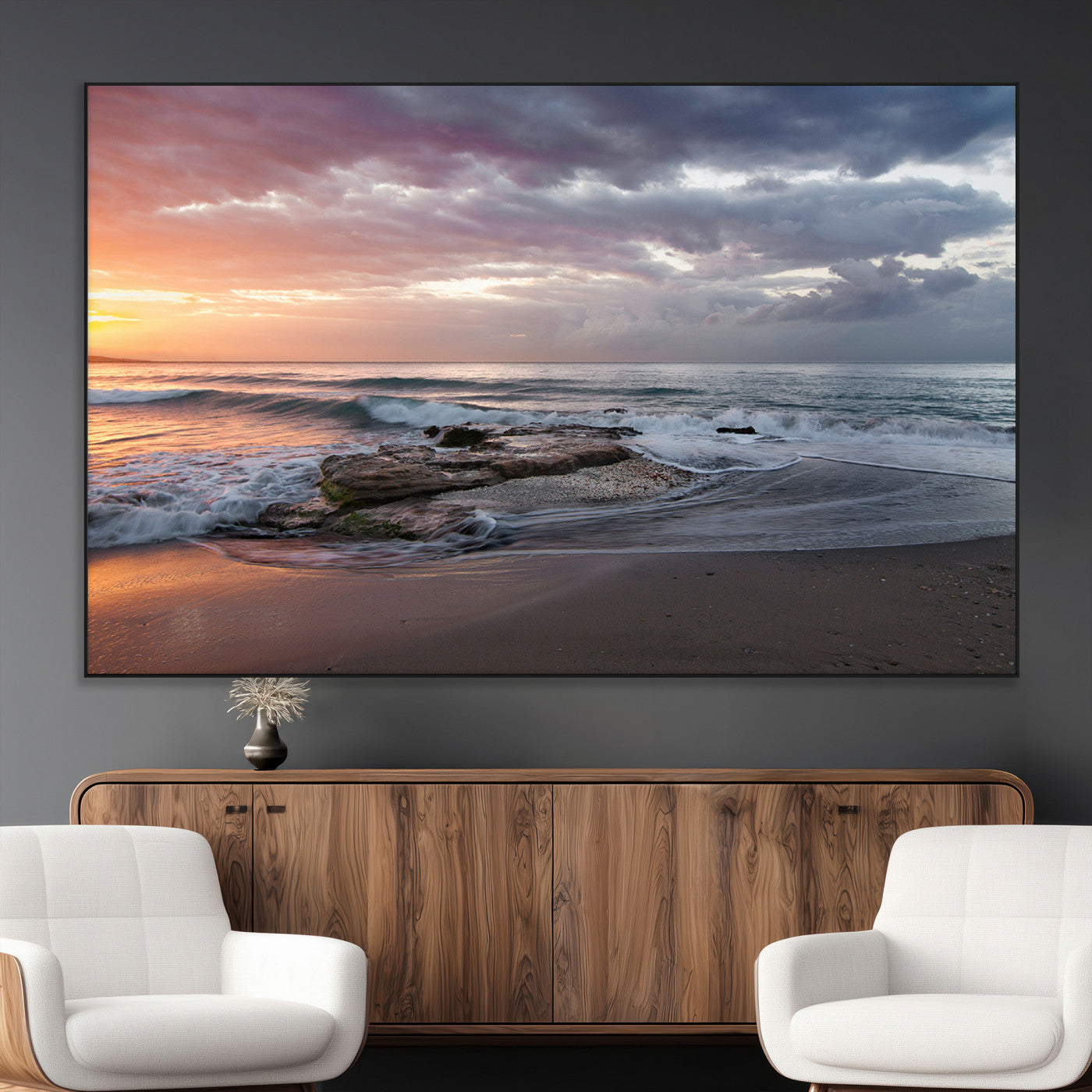 SEG-FC-51X34_Oversize - Golden Hour Wall Art Canvas Print, Framed Tranquil Waves Art Picture Print, Beach Perfect Coastal Serenity Decor Artwork