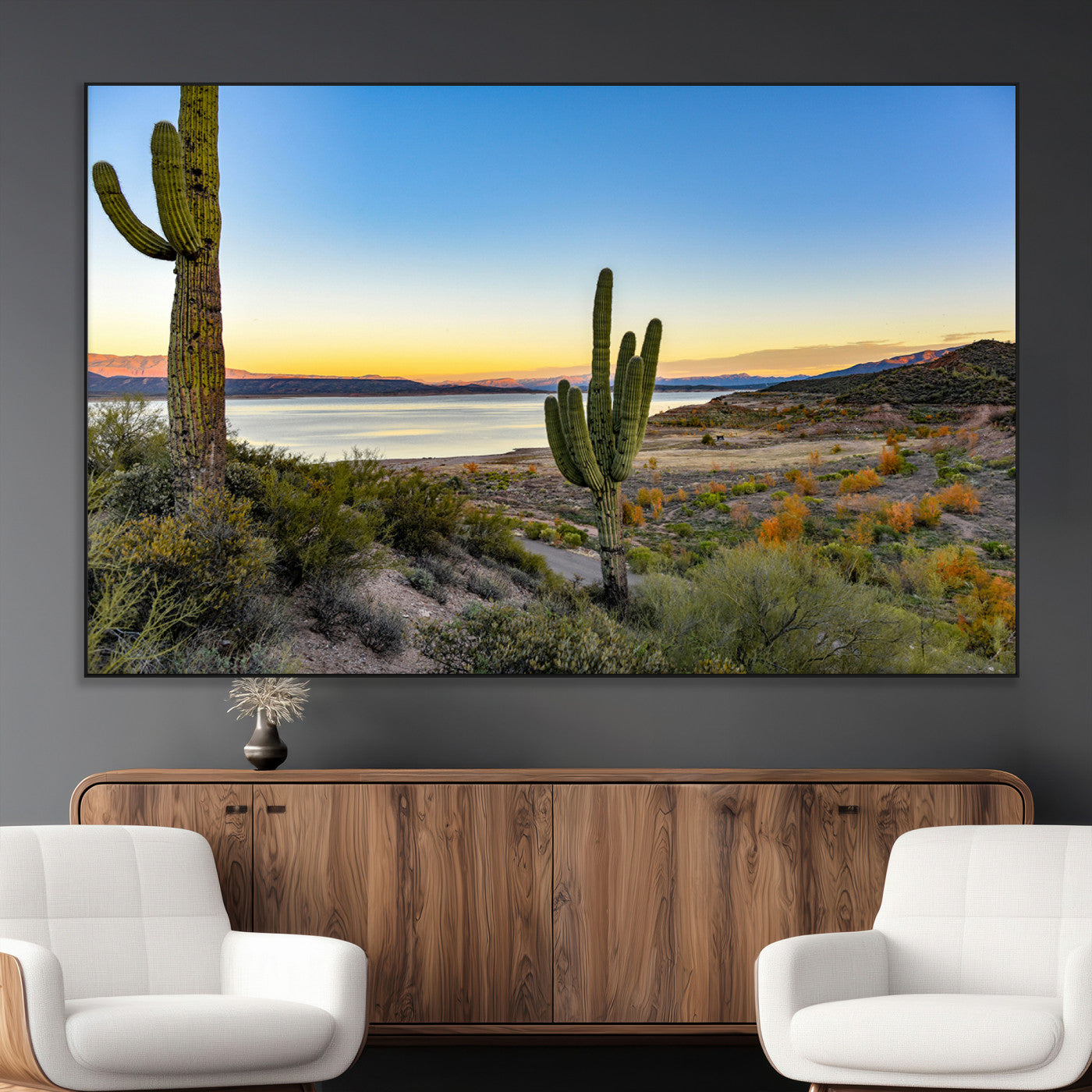 SEG-FC-51X34_Oversize - Saguaro Cactus Wall Art Canvas Print, Framed Desert Sunset Art Picture Print, Southwestern Perfect Southwestern Decor Artwork
