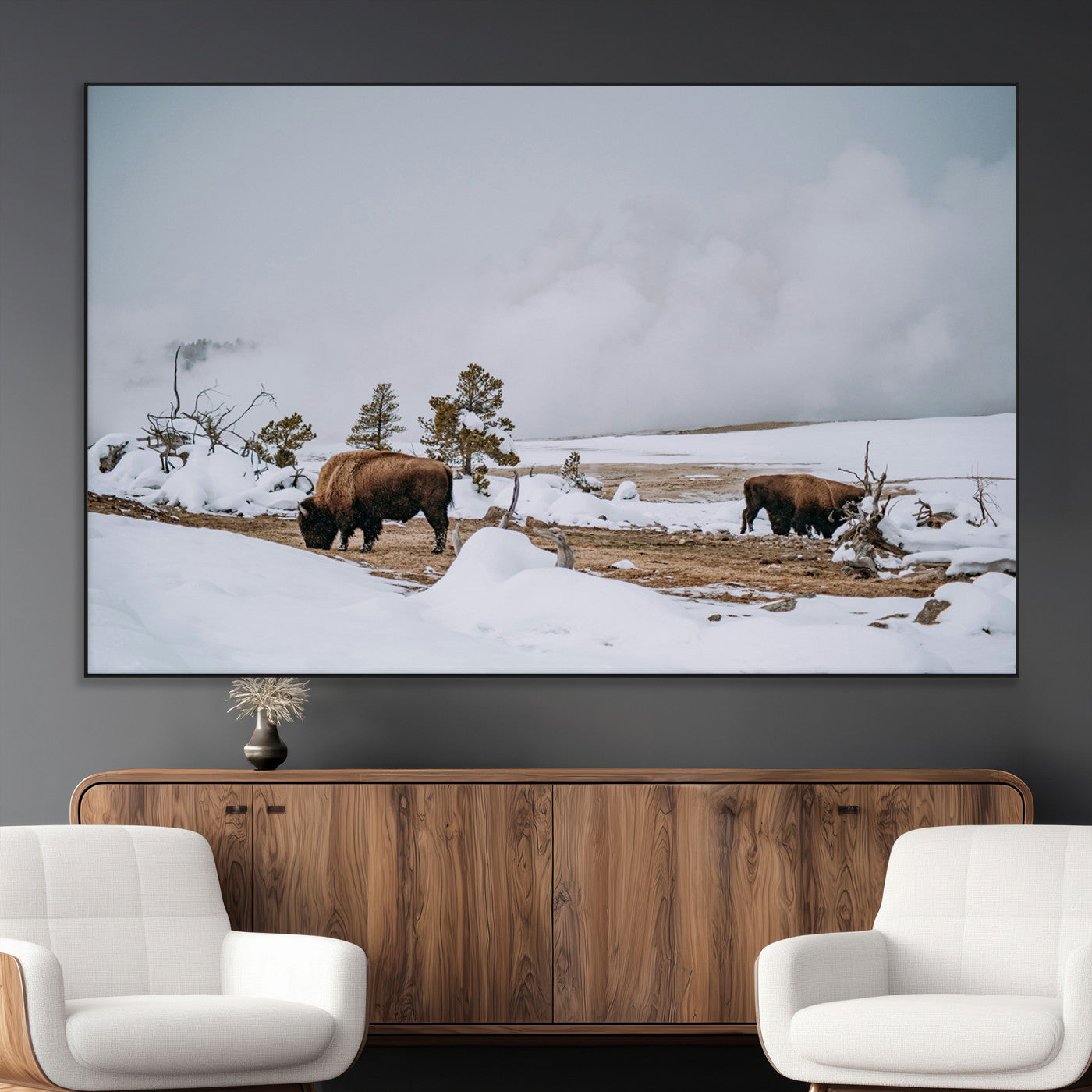 SEG-FC-51X34_Oversize - Bison Wildlife Wall Art Canvas Print, Framed Snowy Prairie Art Picture Print, Western Perfect Rustic Decor Artwork