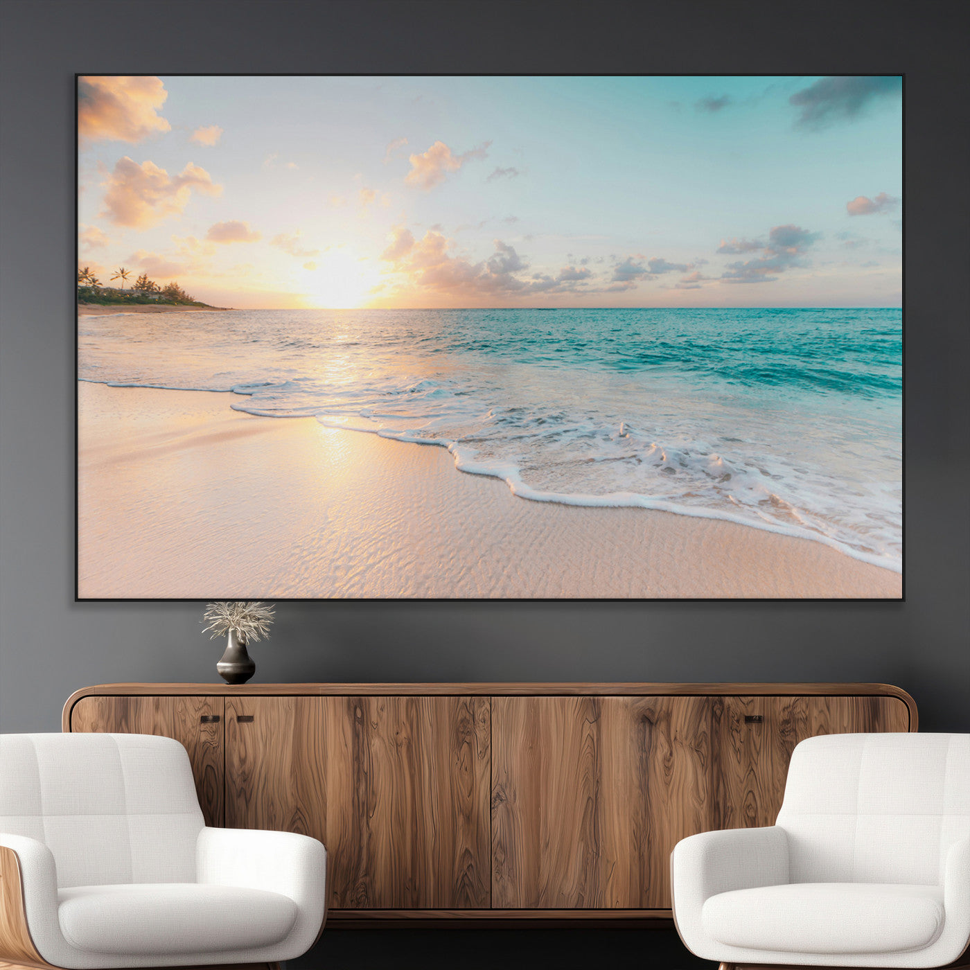 SEG-FC-51X34_Oversize - Beach Sunset Wall Art Canvas Print, Framed Ocean Waves Art Picture Print, Summer Escape Perfect Coastal Decor Artwork